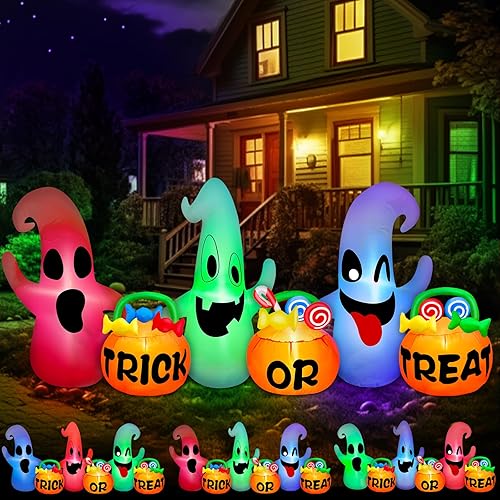 3 colores cambiantes de luz TURNMEON inflables de Halloween de 8 pies de largo, tres fantasmas con bolsas de caramelo de calabaza, decoraciones de