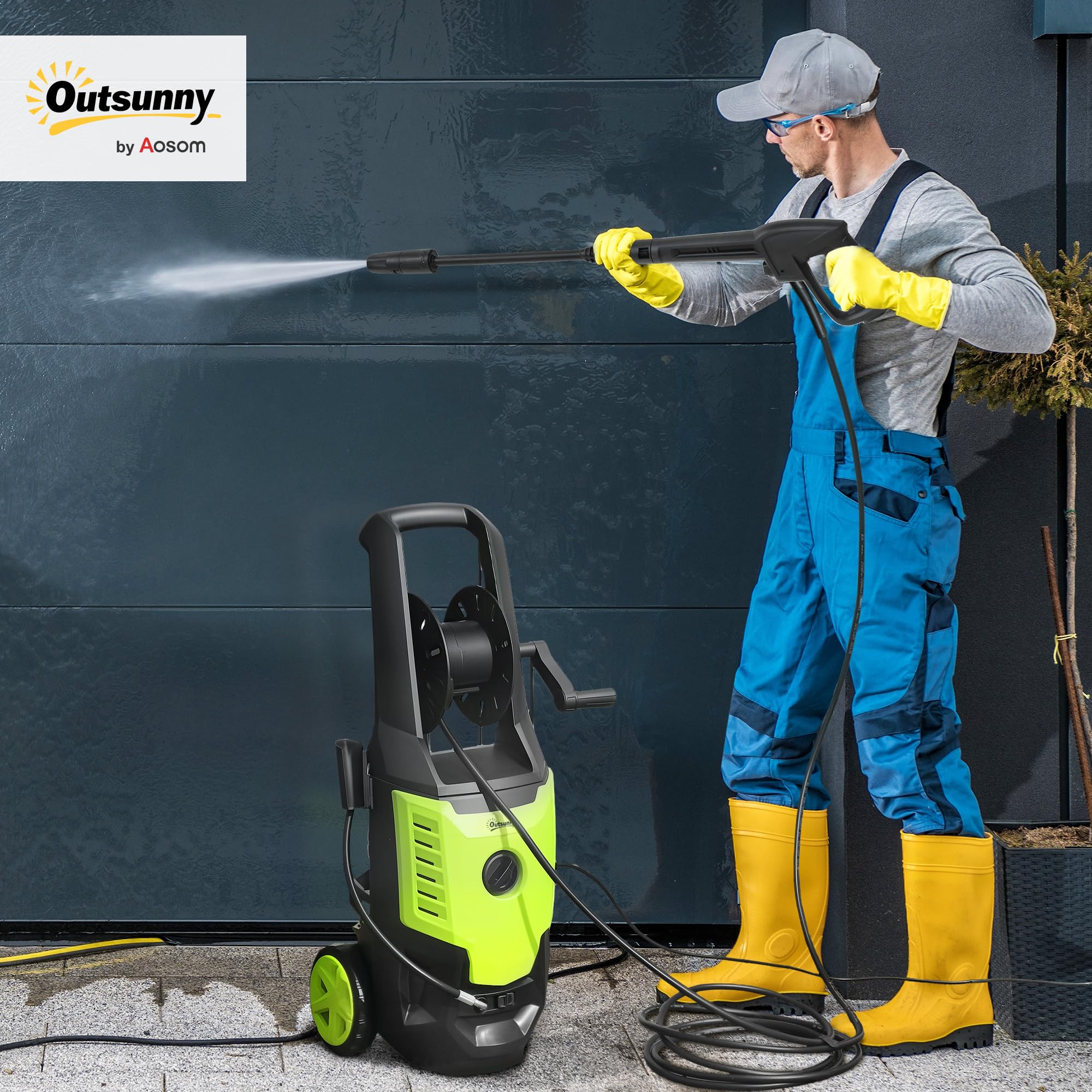 Outsunny Hidrolimpiadora de Alta Presión 2200W, Presión 170 Bar, Caudal 420 L/h, con Bomba de Aluminio, Parada Automática, Manguera de 6 m, Incluye Botella de Espuma y Boquilla Ajustable Verde y Negro