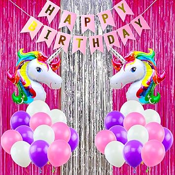 Party Propz Unicorn Theme Birthday Decorations Items Combo Set - 36Pcs Kit with Banner, Unicorn Foil Balloons, Foil Curtains, Metallic Rubber Balloons for Bday Decoration for Girls, Boys, Kids, Baby