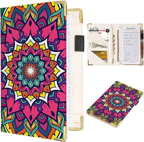 Miniatura 12 de Libros de servidor para mesera - Cartera de cuero PU marrón con bolsillo con cierre, motivo navideño; lindo organizador para meseros con bolsillo