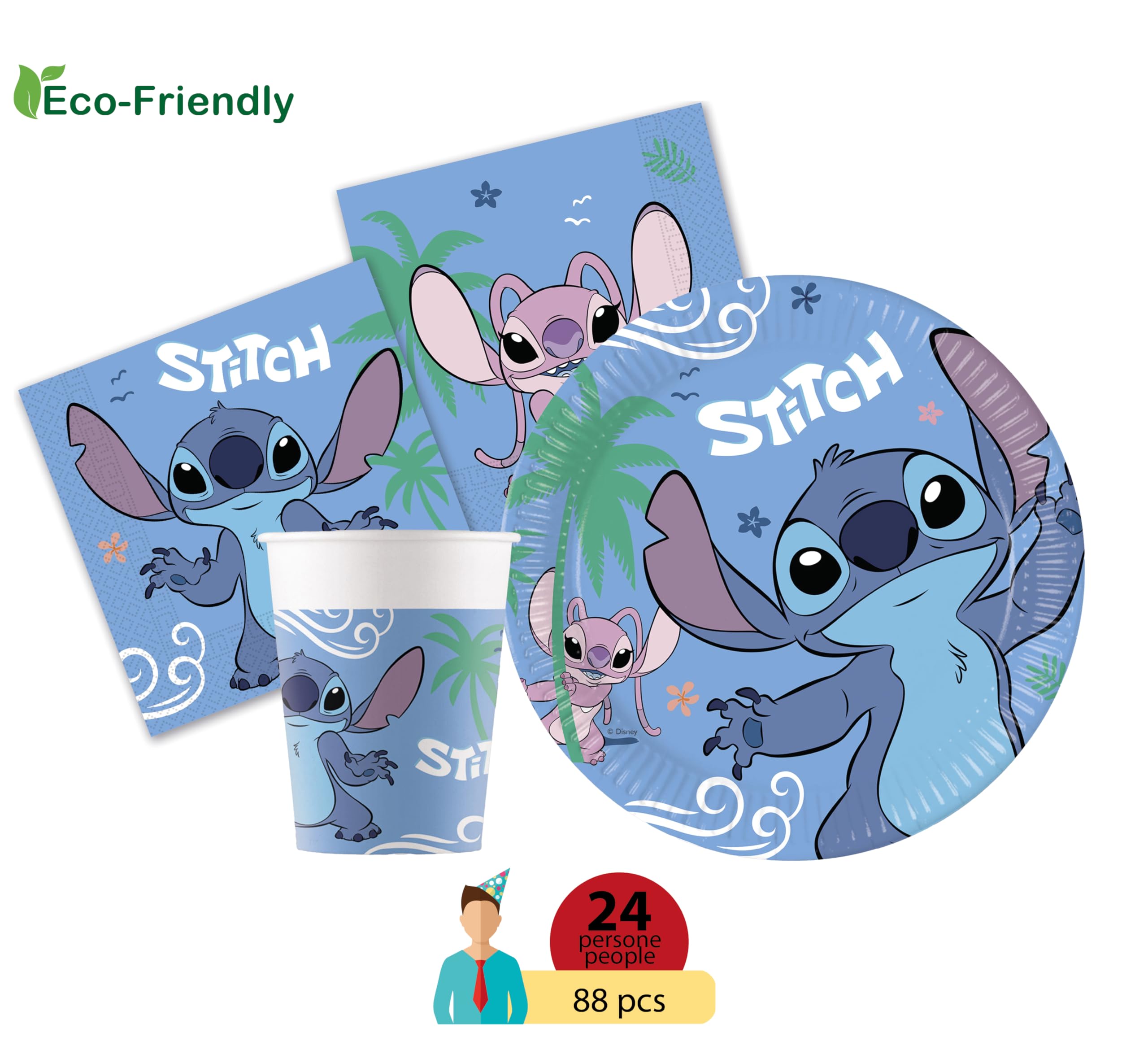 Ciao-Kit Party Tavola Disney Stitch & Angel per 24 persone (88 pezzi: 24 piatti Ø23cm, 24 bicchieri 200ml, 40 tovaglioli 33x33cm) in carta FSC