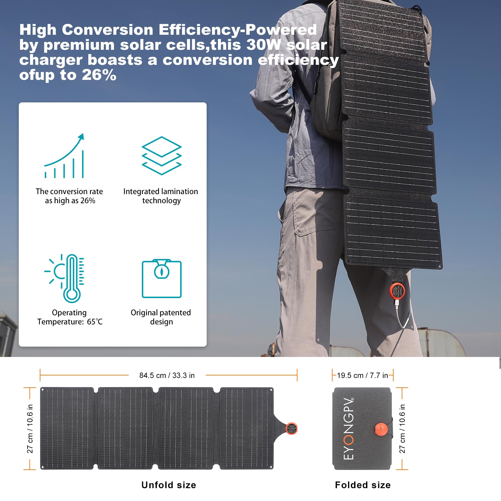 EYONGPV Przenośny składany panel słoneczny 30 W i ładowarka solarna z wyjściem USB-C Croc-Eye, wodoodporna kompaktowa ładowarka solarna IP67 do telefonów, powerbanków, biwakowania, wędrówek, wędrówek