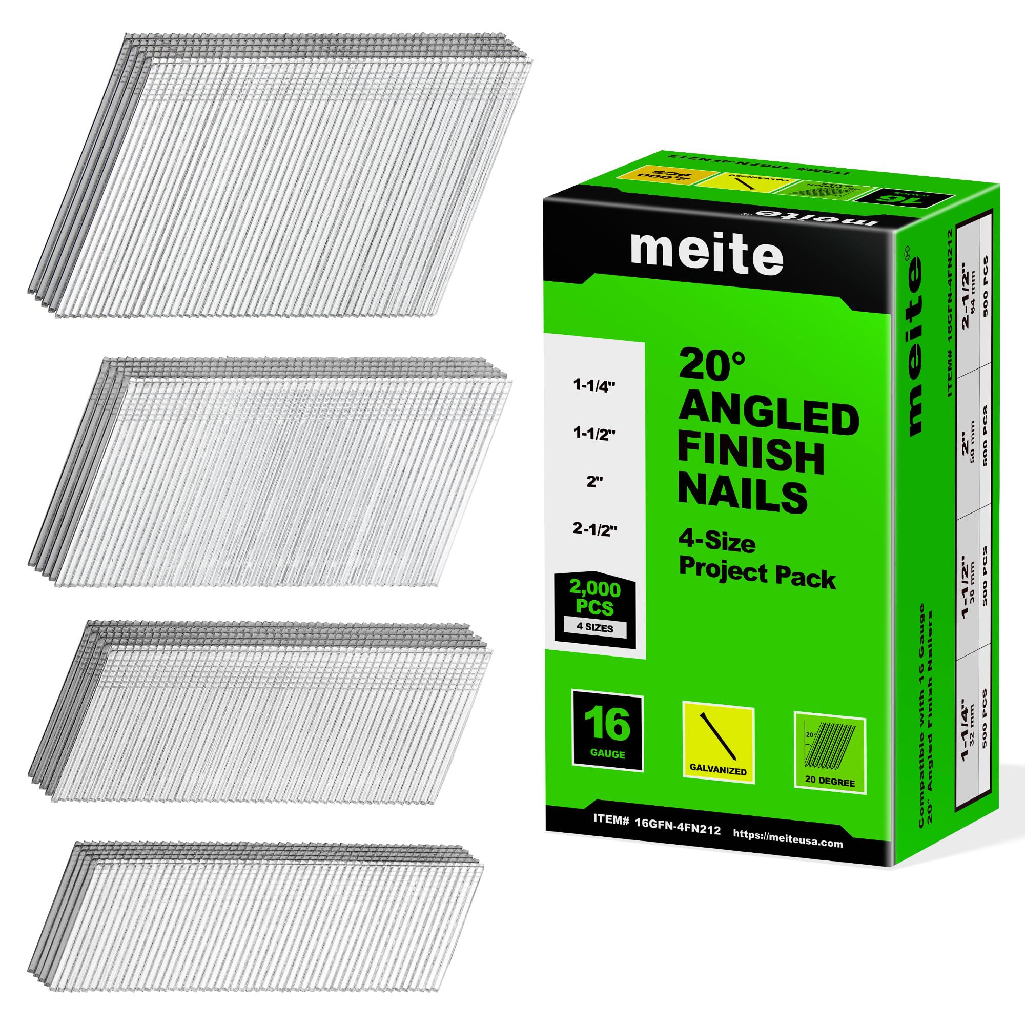 meite 16 Gauge Angled Finish Nails, 20° Galvanised Angle Nails (32, 38, 50, 64mm, 500 Each), 2000 Counts/Boxes, Assorted Pack for Pneumatic & Electric Angled Finish Nailers (1 Case - 12 Boxes)