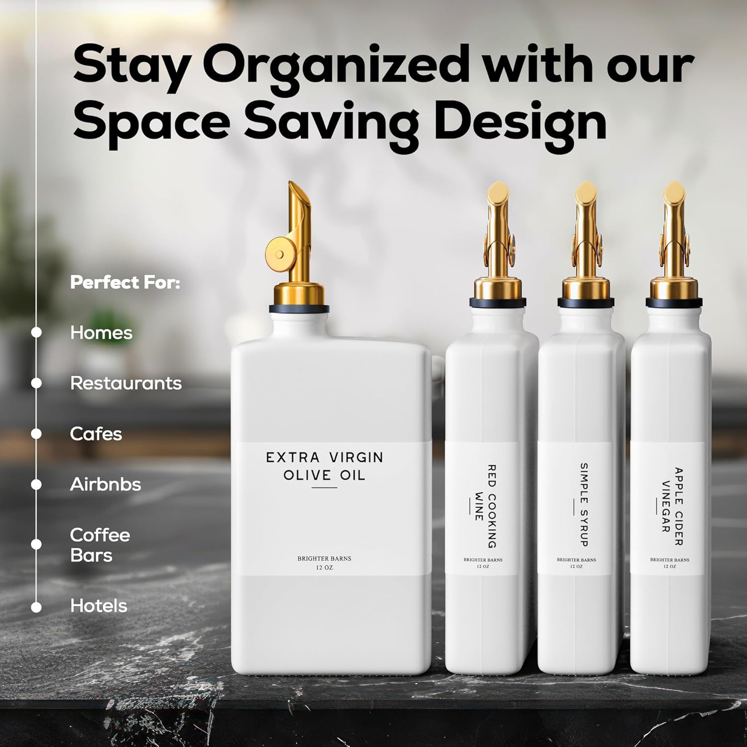 White Glass Olive Oil Dispenser Bottle for Kitchen by Brighter Barns - Avocado Oil Dispenser Set, Vanilla Syrup Bottle - Modern Decor, Gold Kitchen Accessories for Airbnb, Cafe (White/Gold, Set of 2)