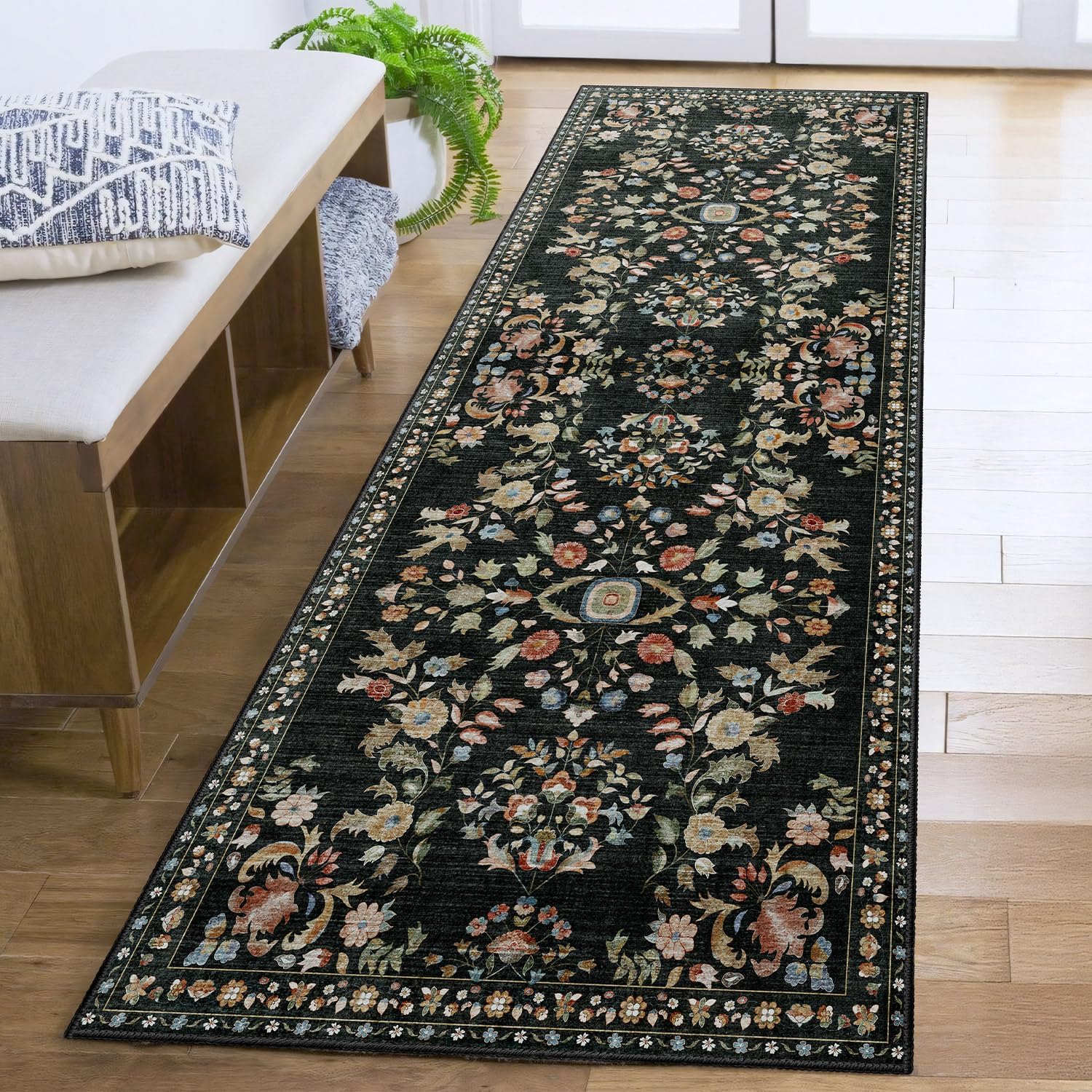 MUJOO Washable Runner Rug for Kitchen Hallways,2x6 Runner Rug Non Slip,Floral Carpet Runner for Bathroom Bedroom Laundry Floor,Long Mat Boho Indoor Vintage Low Pile Black 2'x6' Black