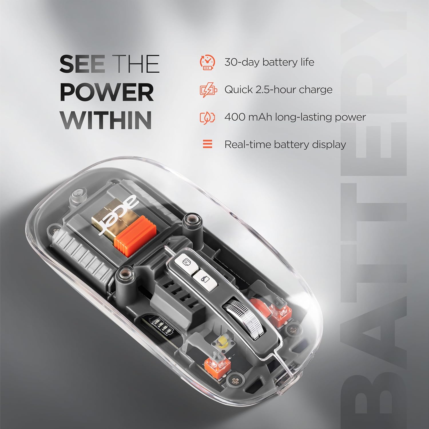 Acer Clearview Transparent Wireless Mouse with Triple-Mode Connectivity, Silent Click Tech, Metal Scroll Wheel,1600 DPI Optical Sensor, USB-C Charging, Compatible Windows, MacOS, iOS, Android-Grey 41 81S5ChlyO+L. SL1500