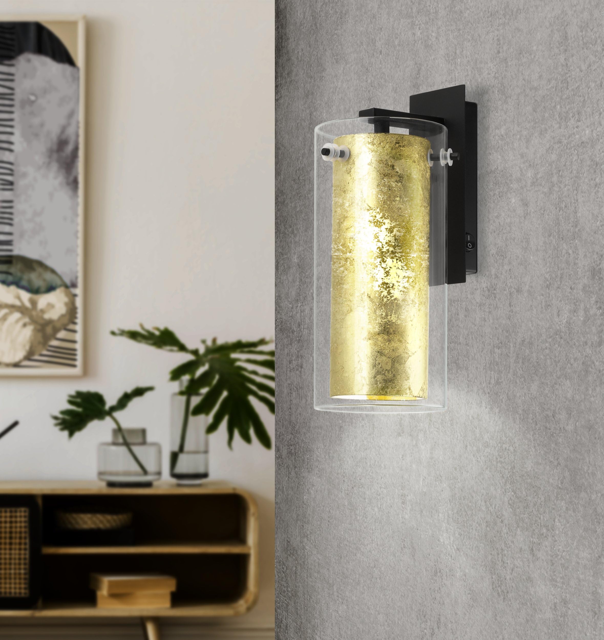 EGLO Wandlampe Pinto Gold, 1 flammige Wandleuchte, Material: Stahl | Farbe: Schwarz, Glas: klar, gold, Fassung: E27, inkl. Schalter