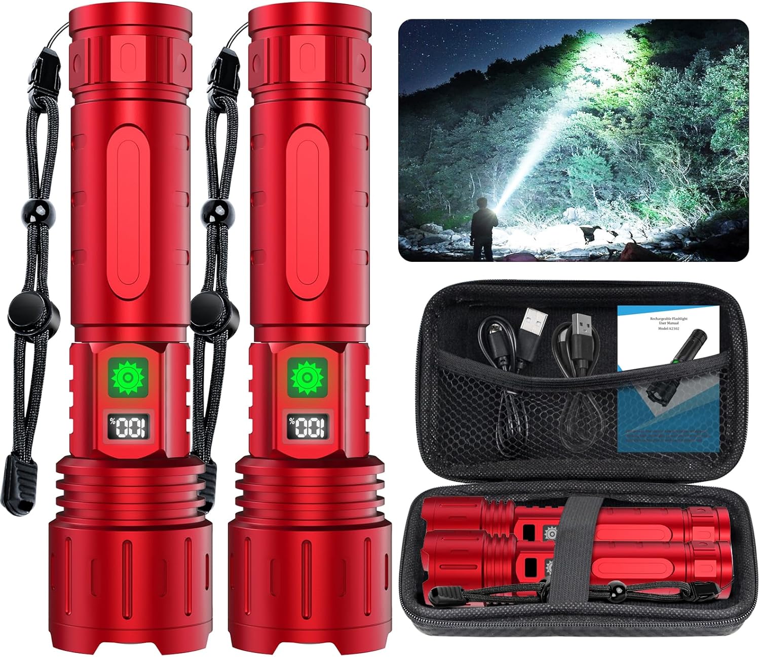 Rechargeable Flashlights High Lumens - 1500 Meters Long Beam Super Bright LED Flash Light with Power Display & IPX5 Waterproof for Camping, 20H Runtime,5 Modes,Zoomable Handheld Flashlight -2pcs Red