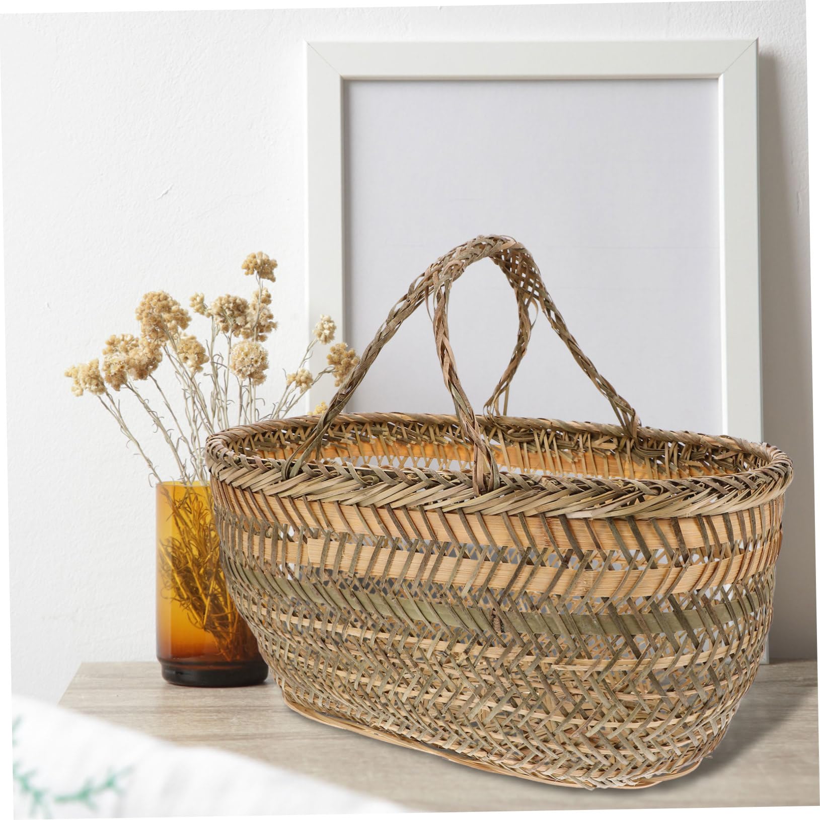 BESPORTBLE Cesta de almacenamiento de bambú rústico manejar Canasta de almacenamiento de mimbre para picnic Cesta de almacenamiento de mimbre para plantas titular de almacenamiento de picnic