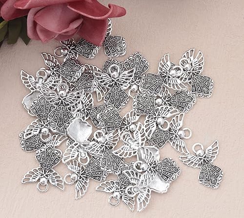 Miniatura 5 de 30 dijes de ángel vintage de metal plateado de 0.06 x 0.91 pulgadas (1.024 x 0.906 in), colgantes vintage para hacer joyas, kit de collares,