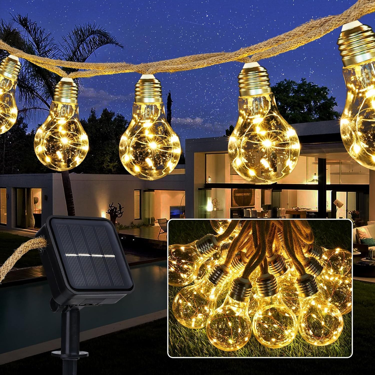 Joomer Solar Lichterkette Aussen 7.5M 16 Glühbirnen LED Solar Lichterkette Außen Wetterfest Gartenleuchte 8 Modi Vintage Warmweiß Outdoor Hanfseil Lichterkette für Party Balkon Hochzeit Pavilion