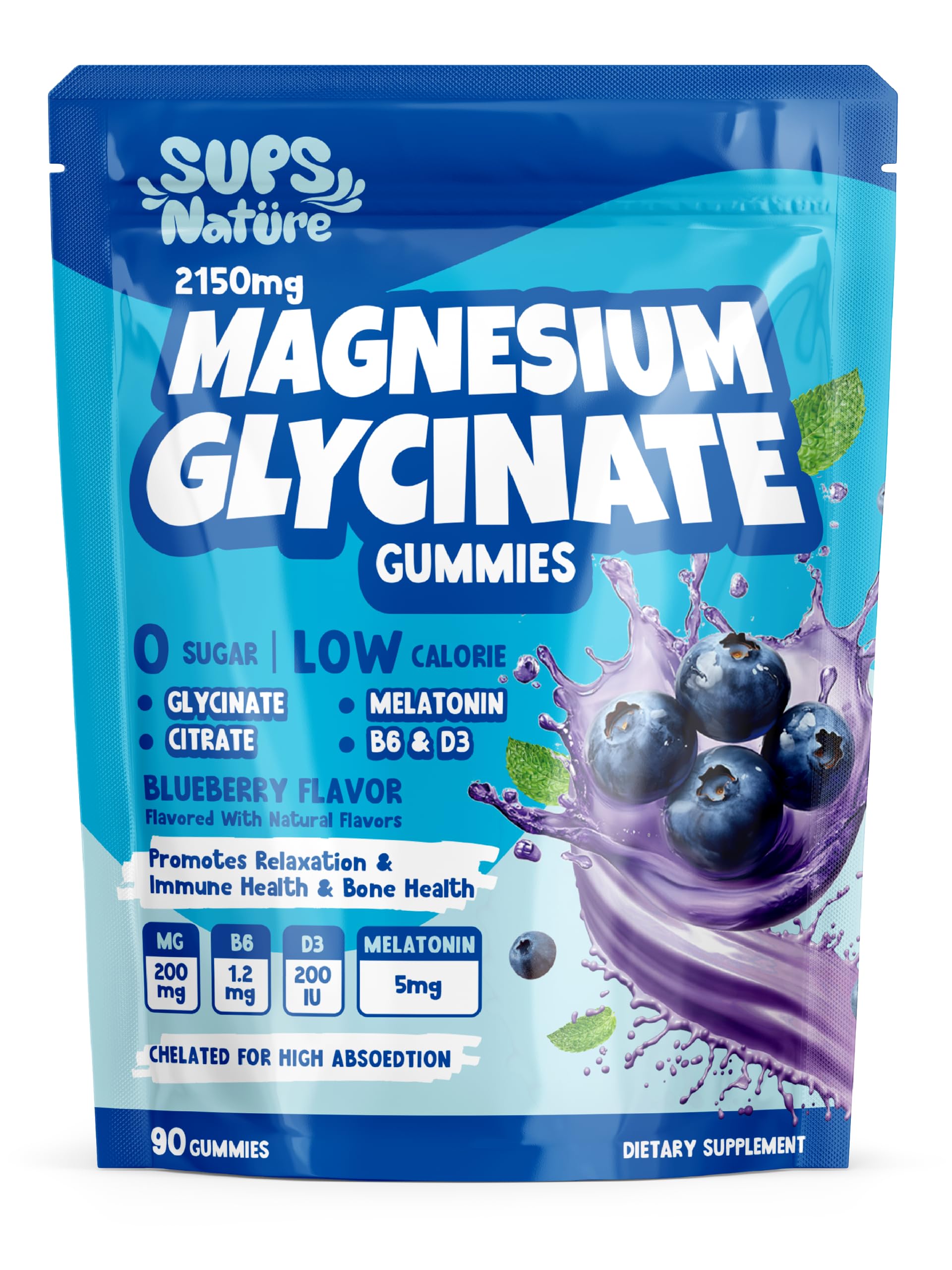 Magnesium Glycinate Gummies 2150 mg with Melatonin 5mg for Adults Sleep Support, Stress Relief, Blueberry Gummies 90 CT Blueberry (With Melatonin)