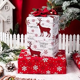 MAYPLUSS Christmas Wrapping Paper Roll, 17 Inch X 16.5 Feet Christmas Gift Wrapping Paper Featuring Reindeer Reversible Snowflake Thick Wrap Paper for Holiday Party New Year Kids