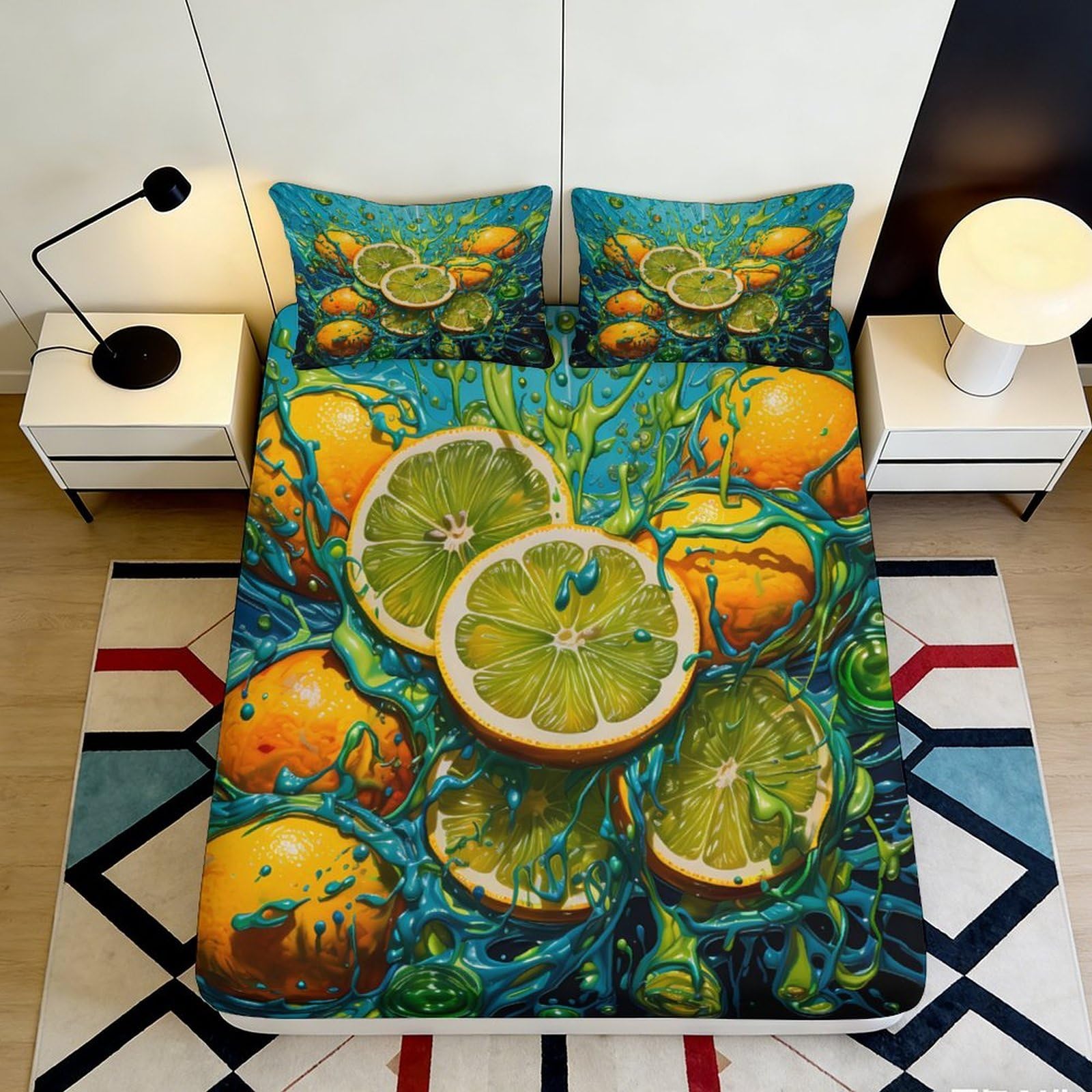 3D Printed Citrus Fruit Fitted Sheet Microfiber Soft Breathable Juicy Orange Bed Cover for Bedroom Dormitory Guest Room Mattress Protection Decor 140x200x25cm