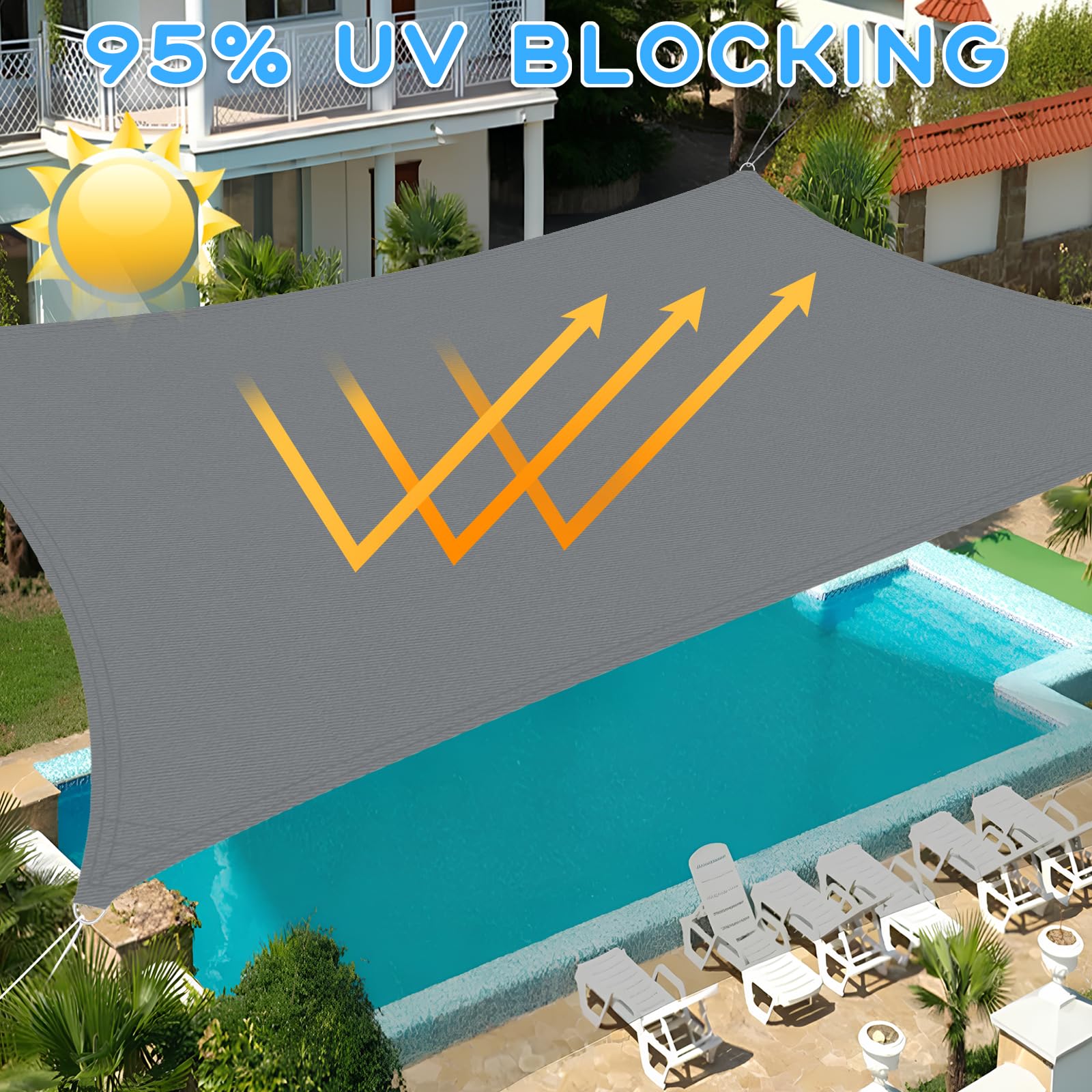 Vela Parasole Impermeabile Dell'ombrellone 4x5m, Tessuto Oxford 420D Vela Ombreggiante, Resistente ai Raggi UV 95%, Vela Ombreggiante per Piscina, Giardino, Terrazza, Parco, Campeggio - Grigio