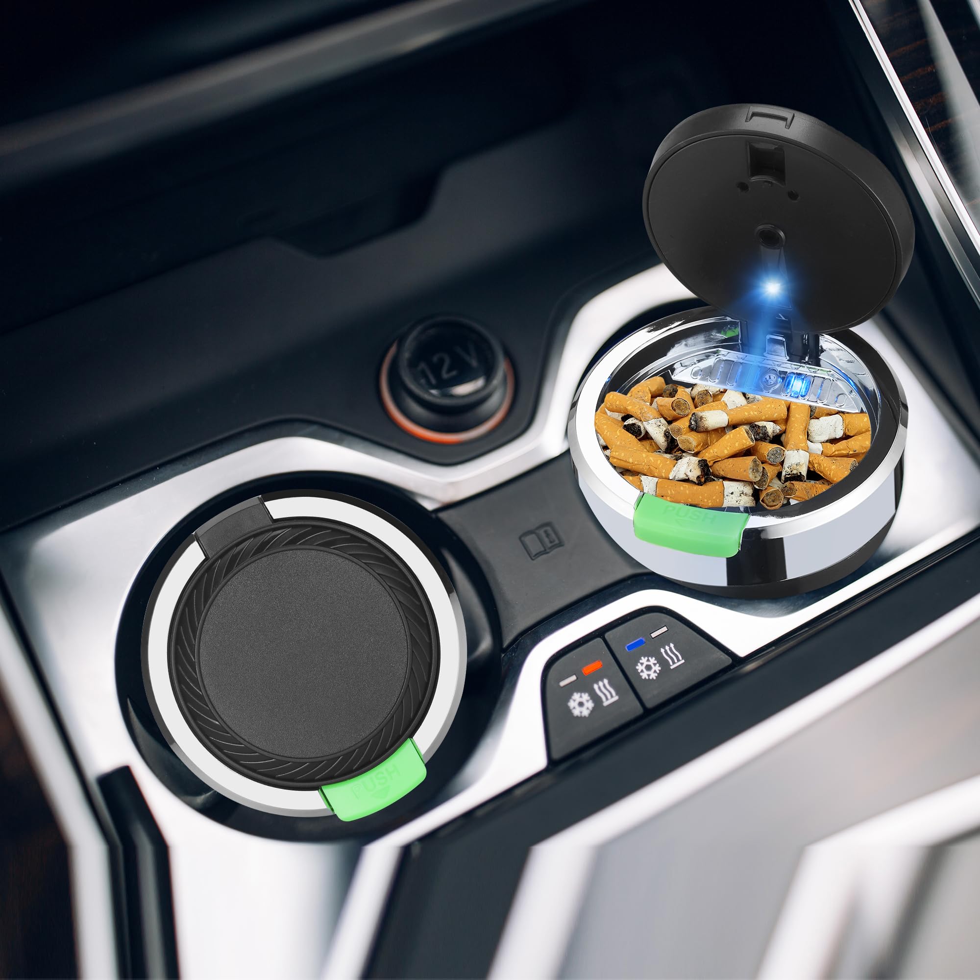 JIZZU 2 Pezzi Posacenere Auto, Posacenere per Auto con Luce LED, Posacenere Portatile con Coperchio, P osacenere Chiuso, Rimovibile, Grande Capacità, per Auto, Camion, Campeggio all'aperto(Nero)