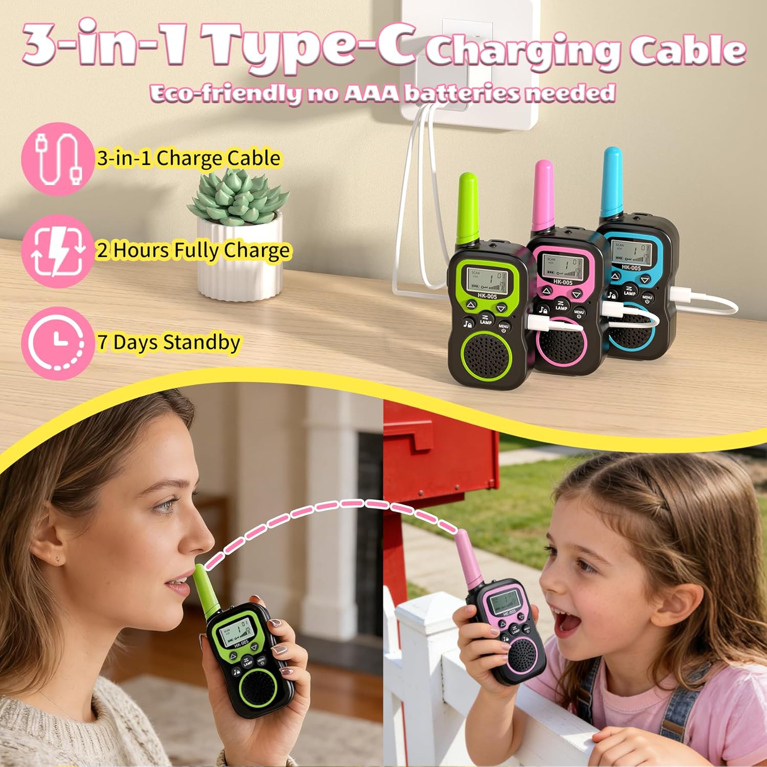 Walkie Talkies for Kids 3 Pack, Rechargeable Kid Walkie Talkies Long Range 3 Miles with 3-in-1 Charging Cable,2 Way Radio Toys Gifts for 3-12 Year Old Boys Girls Outdoor Camping Hiking