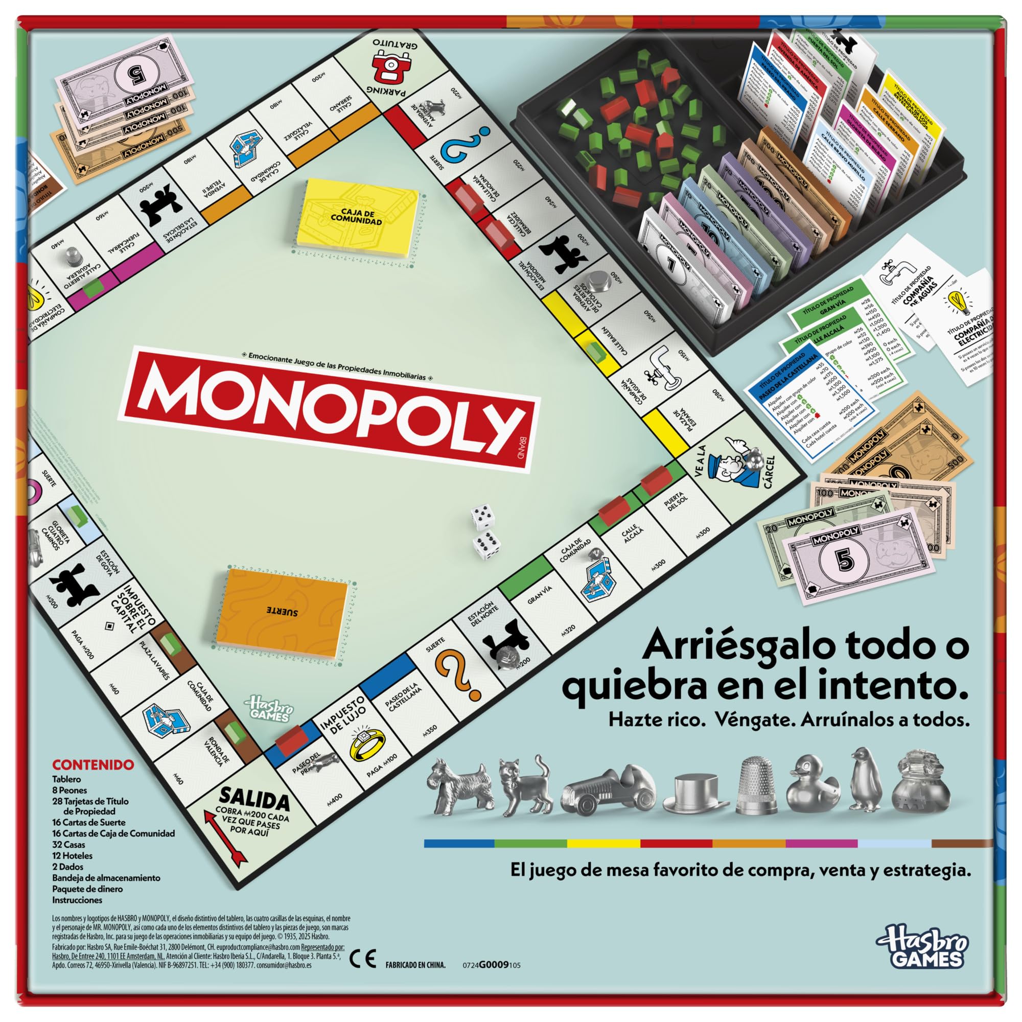 Hasbro Gaming, Monopoly Clásico, Juego de Mesa, Inversión en Familia, Tablero, Caja Almacenamiento, 6 Peones Grandes, Fiestas con Amigos, Multijugador, Dinero Colores, Juegos para niños y niñas