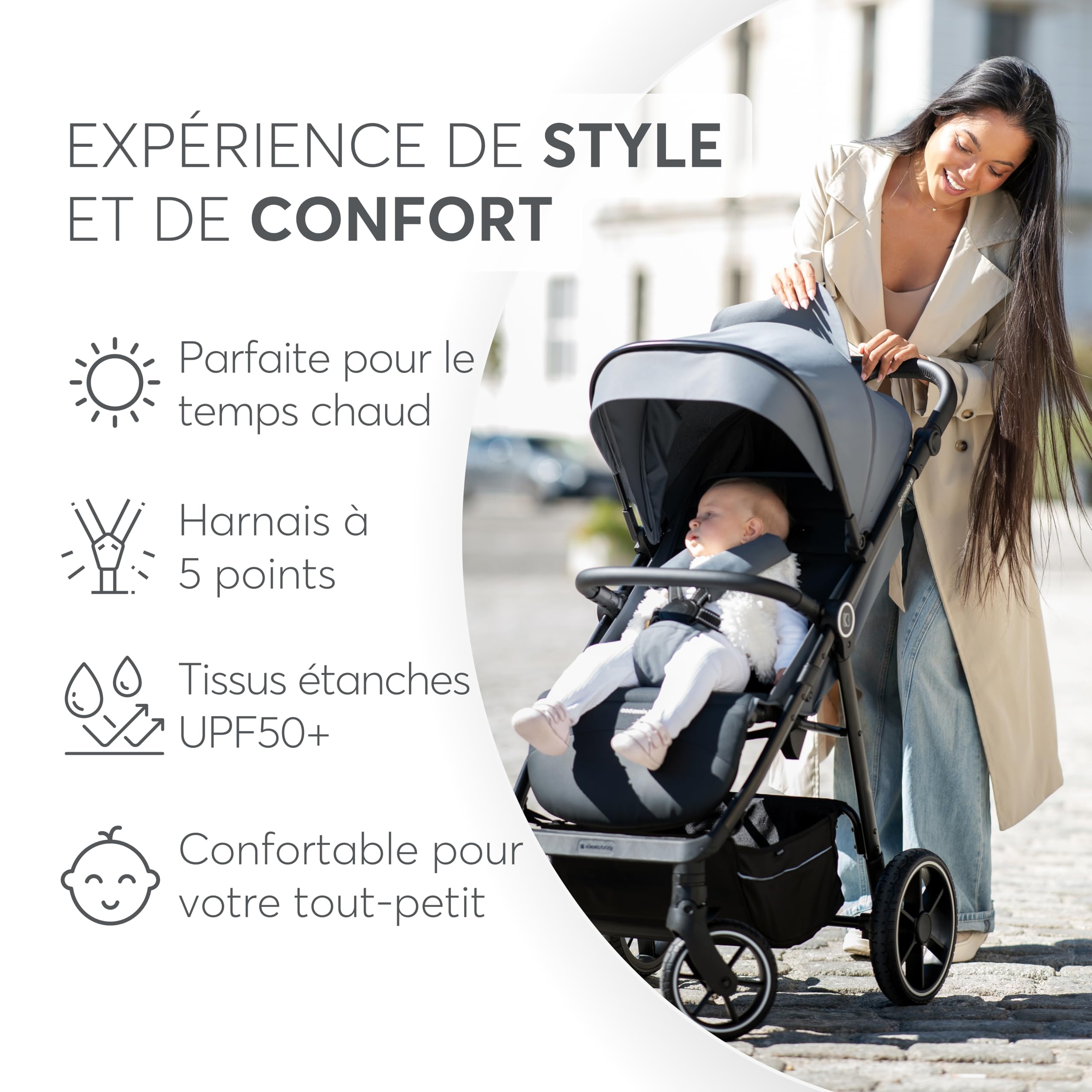 Poussette KikkaBoo LUCY, poussette bébé, jusqu'à 22 kg, poussette légère, pliable et compacte, noire