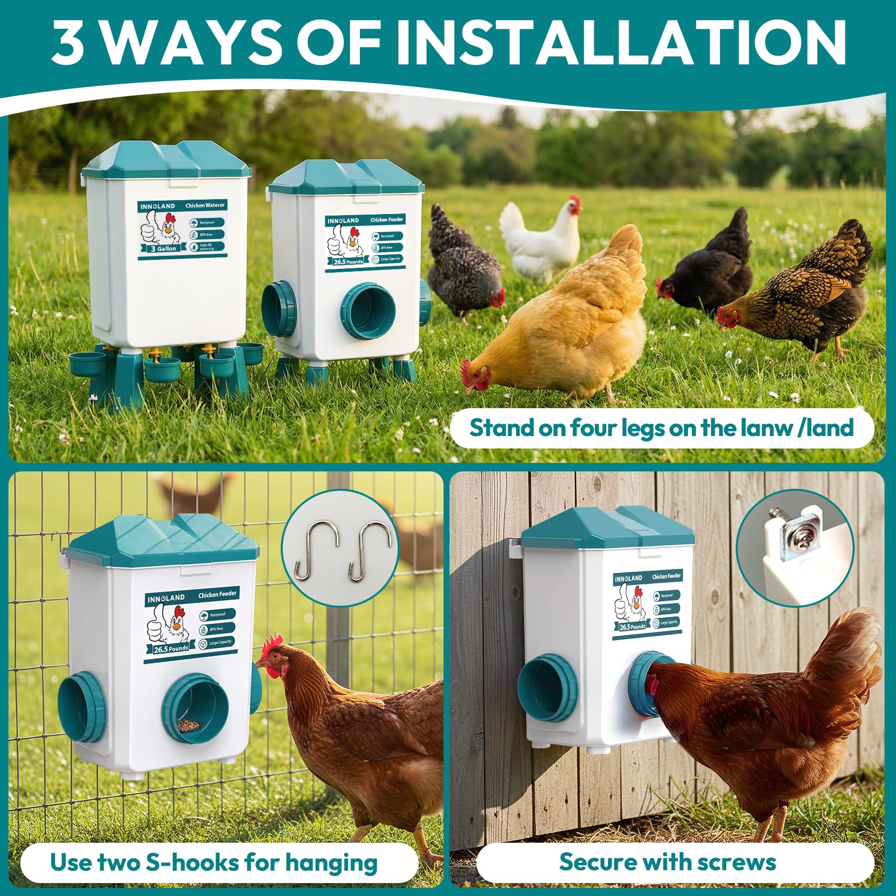 Futterautomat Hühner und Hühnertränke – 12 kg/11 L | Wassertränke Hühner mit 4 Bechern & 3 Futteröffnungen, Keine Verschwendung, Geflügeltränke, Hühnerzubehör für Enten/Geflügel