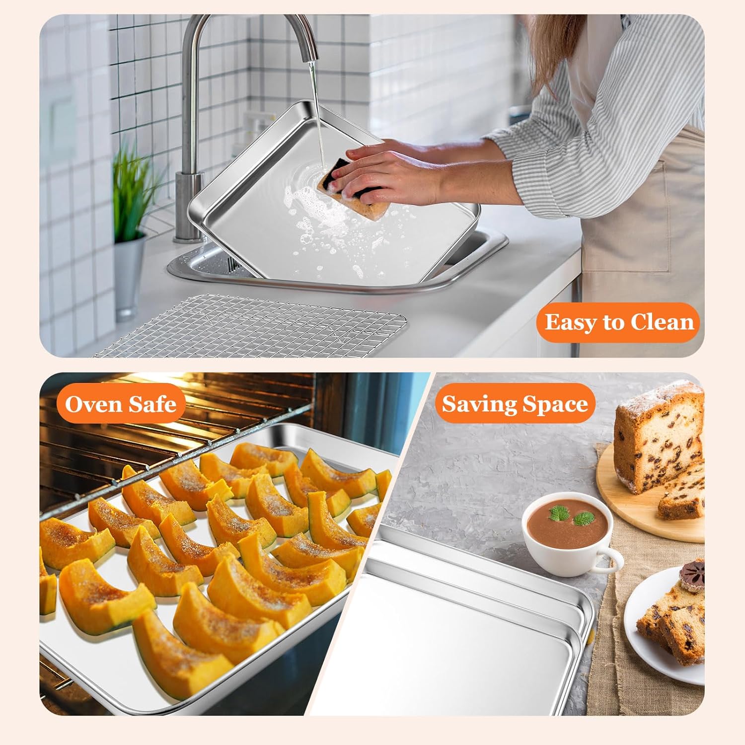 Jelly Roll Pan with Cooling Rack, Leonyo Baking Sheet Pan with Wire Rack, Commercial Stainless Steel & Nonstick Large Cookie Sheet Trays for Oven Cooking, Size 16 x 12 Inch (2 Trays + 2 Racks) - Image 6