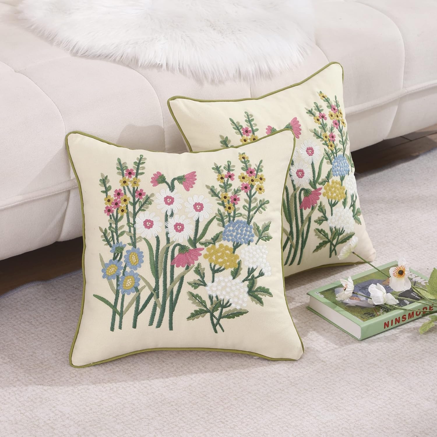 Holibeat Embroidery Floral Pattern Throw Pillow Covers 18x18 Inches, Set of 2 Couch Pillows Case for Bed Living Room Chair, No Insert (Pink, 18 * 18 inch)