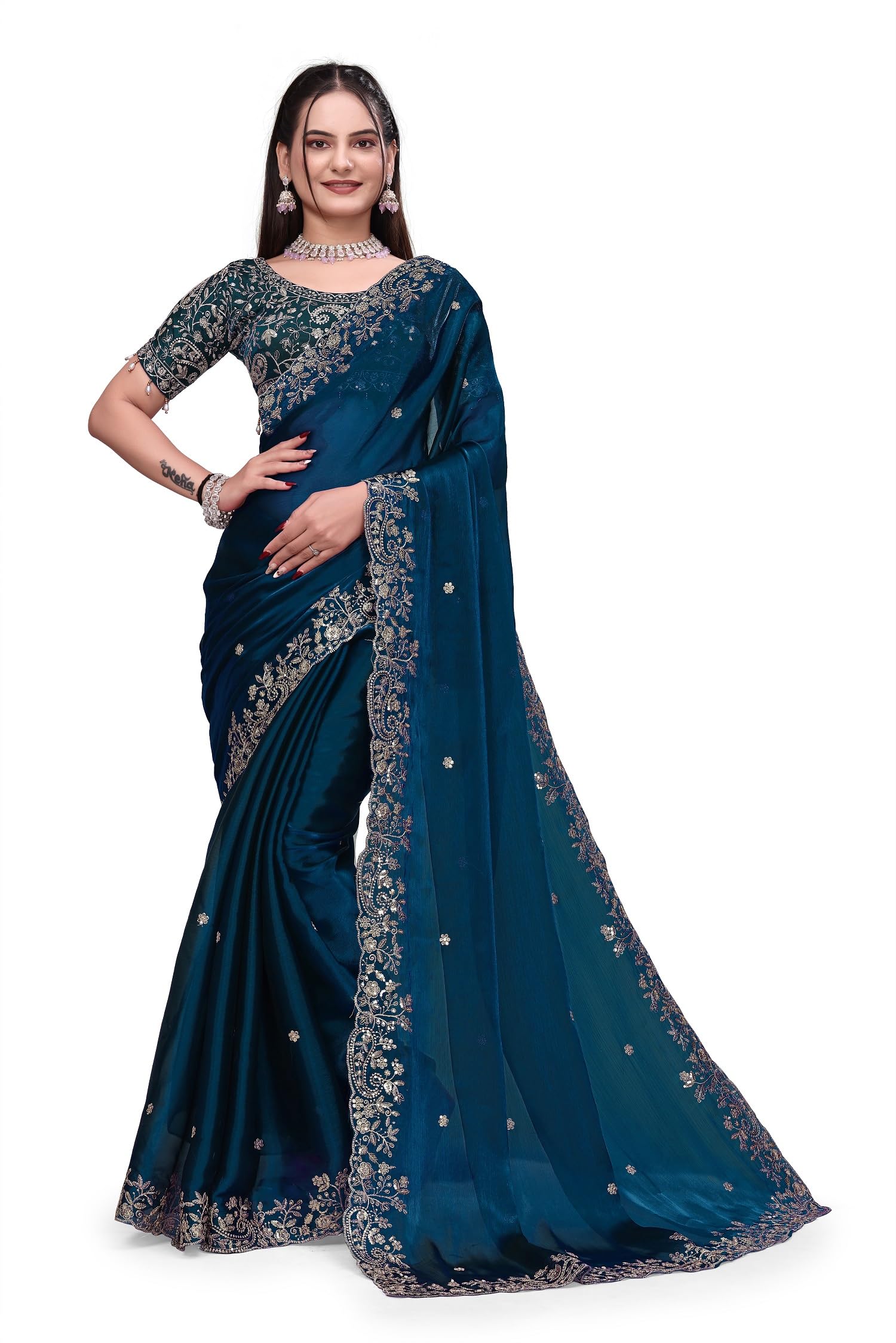 glamglee Women's Embroidered Designer Saree with Heavy Work Blouse | Elegant Party Use Saree for Wedding, Festival, Reception & Special Occasions | Traditional Ethnic Saree-picture-18