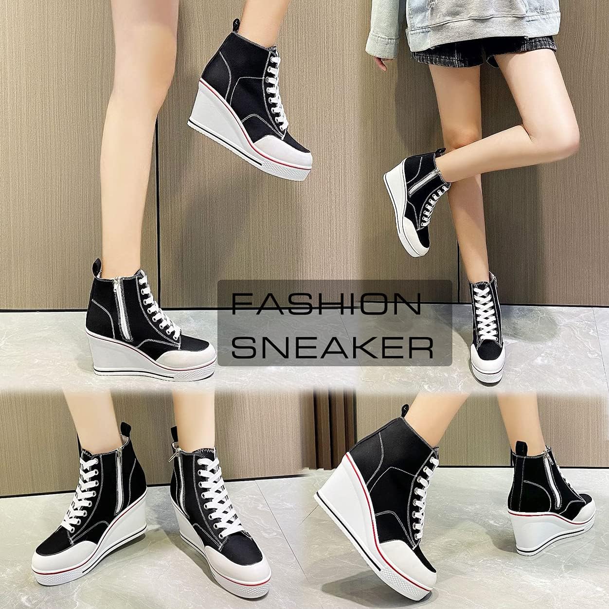 Mei MACLEOD High Heel Sneakers for Women Wedge Heel Sneaker with Side Zipper Casual Lace Up Canvas Shoes for College Students - Image 5