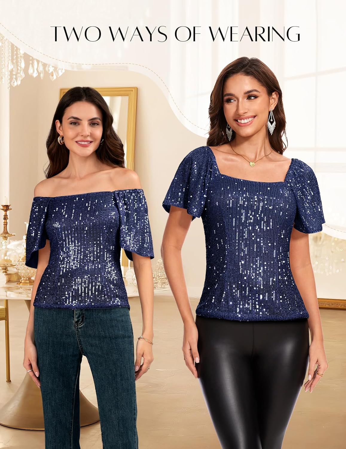 DRESSTELLS Women's Sparkly Sequin Tops Short Sleeve Glitter Dressy Blouses Square Neck Club Ruffle Party Shirts - Image 2