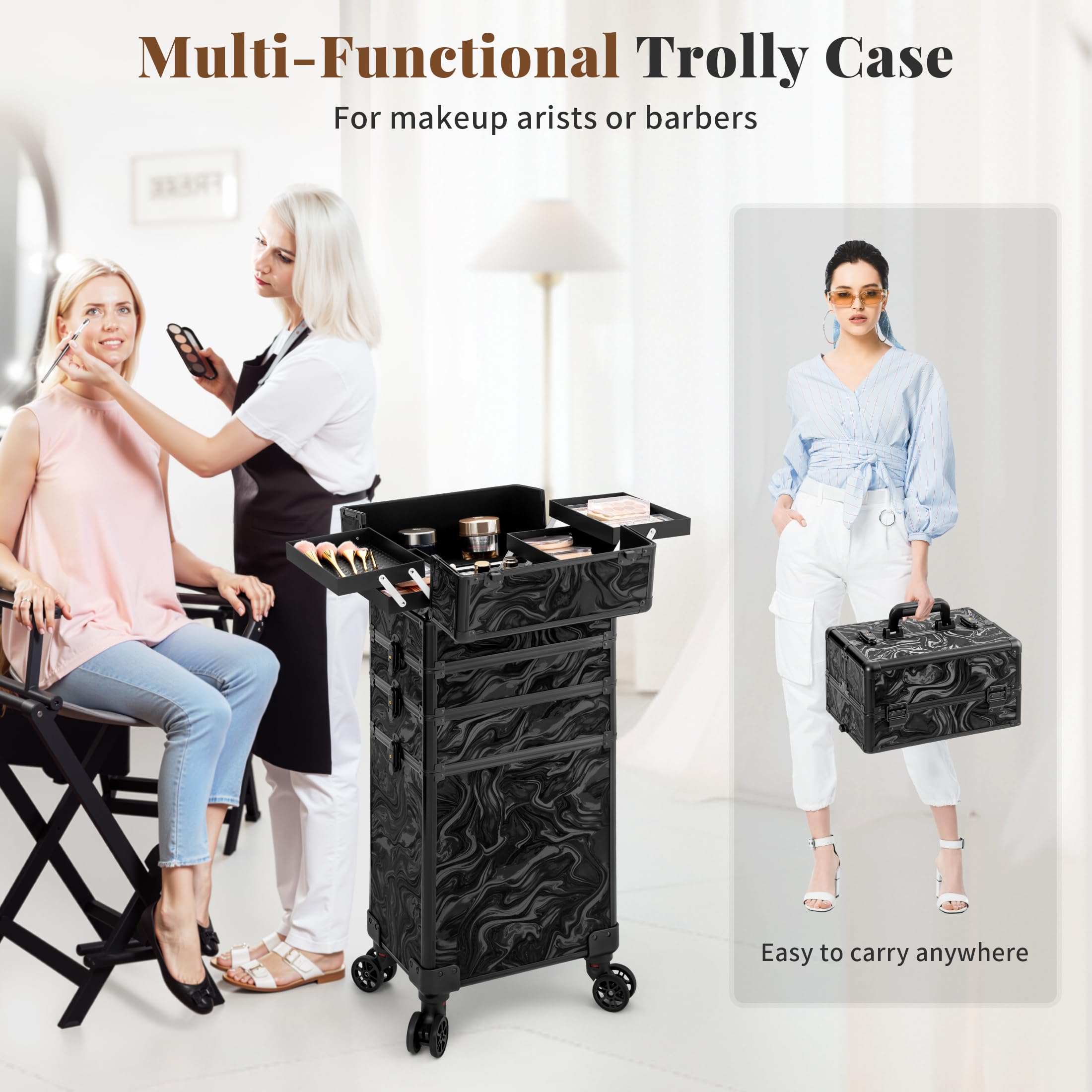 Arous Rolling Makeup Train Case 5 w 1 organizer na wózek kosmetyczny podróżny zamykany salon fryzjer wózek bagażnik z kółkami dla kobiet stylistki fryzur artysty Trave Nail, Czarny atrament, 5 w 1