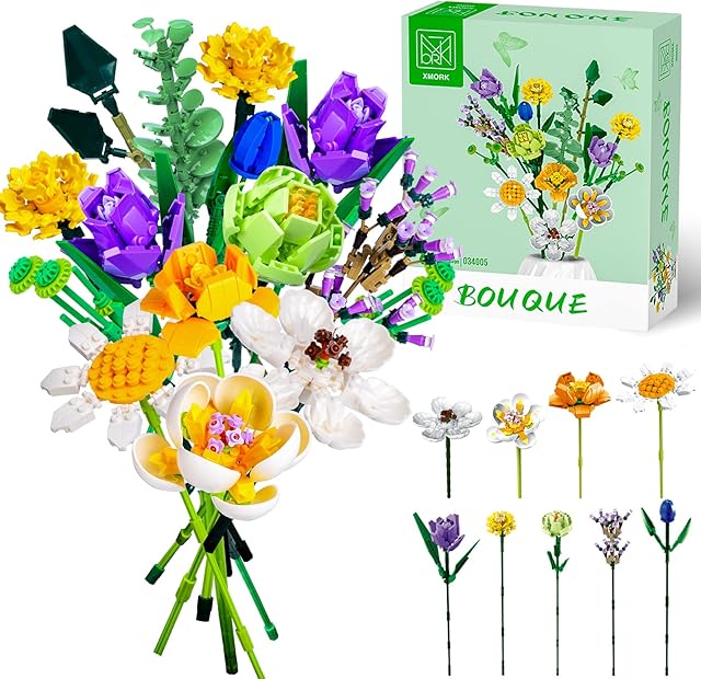 Lucky Doug Flower Bouquet Building Kit - 997 Pcs DIY STEM Flower Building Toys Set, 15 Packs Building Block Flowers for 6 7 8 9 10 11 12 Years Old Kids Girls Collection Decorative Home Accessories