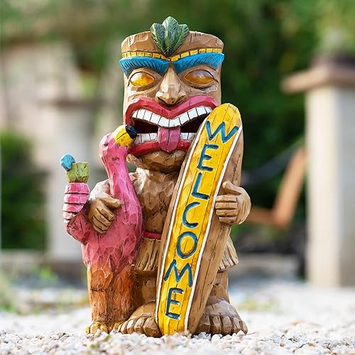 Estatua Tiki Solar Tiki - Impermeable para estatuas del hogar y al aire libre Estatuas LED de tabla de surf Tiki Garden para Tiki Bar, patio,