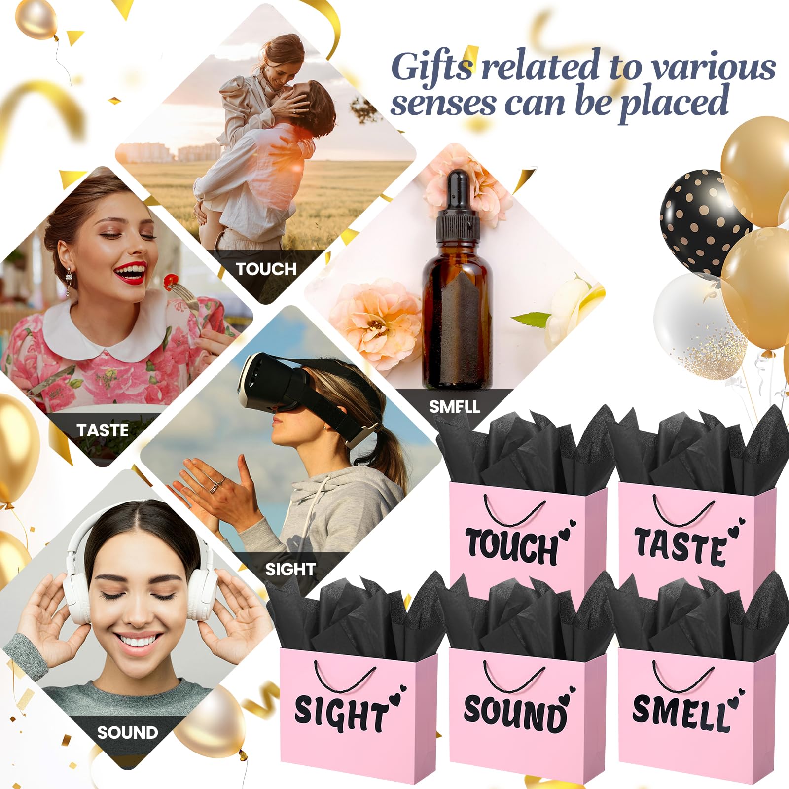 5 Senses Gift Bags for Him with Labels, 12.6"x 9.8"x 4.2" Gift Bag Tissue Paper Happy Birthday Decorations Kit with Banner, Balloons, Rose Petals, Card for Men, Women, Wedding, Valentine's Day