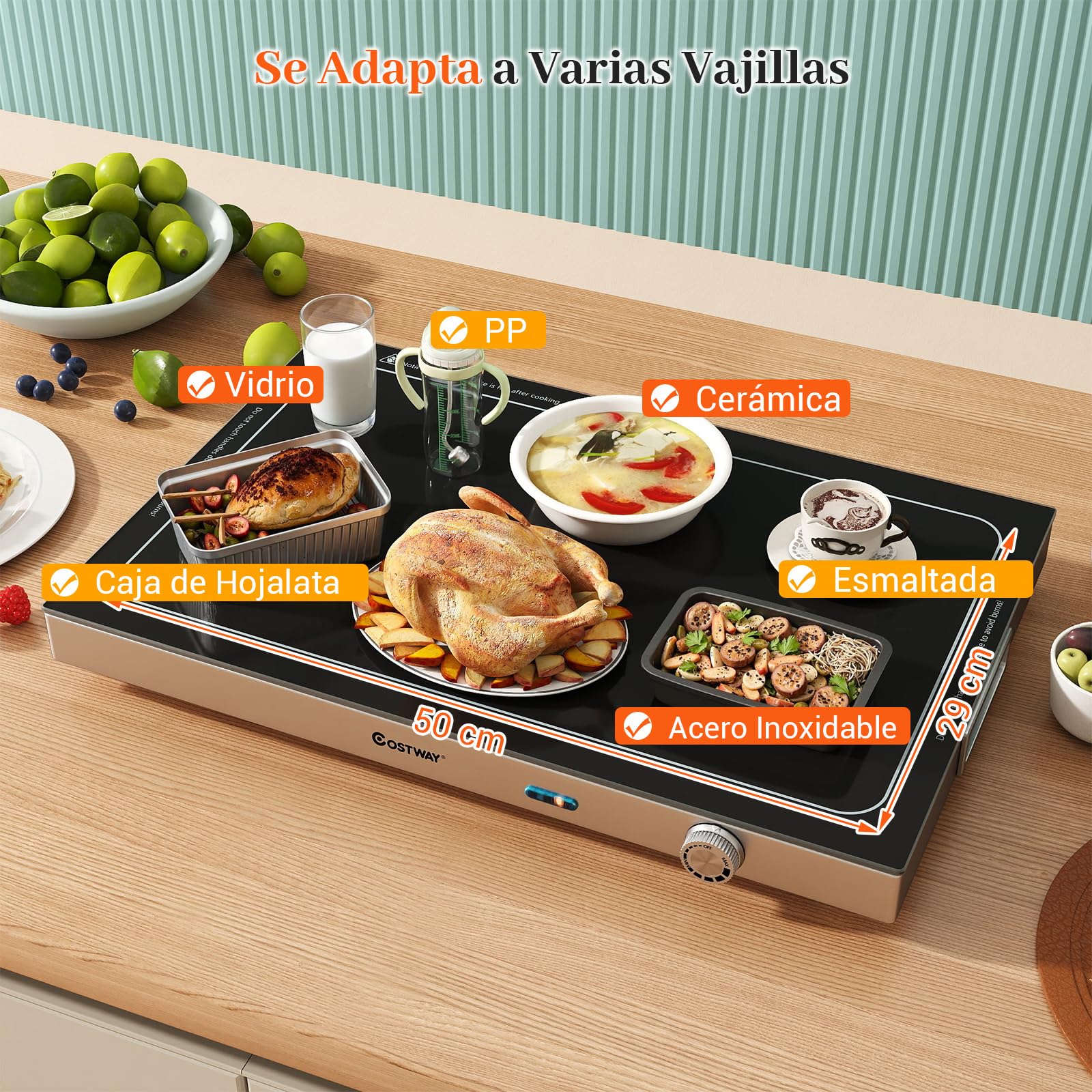 COSTWAY Bandeja Calentadora Eléctrica con Temperatura Ajustable, Calientaplatos de Vidrio Templado con Termostato para Buffets, Fiestas y Eventos