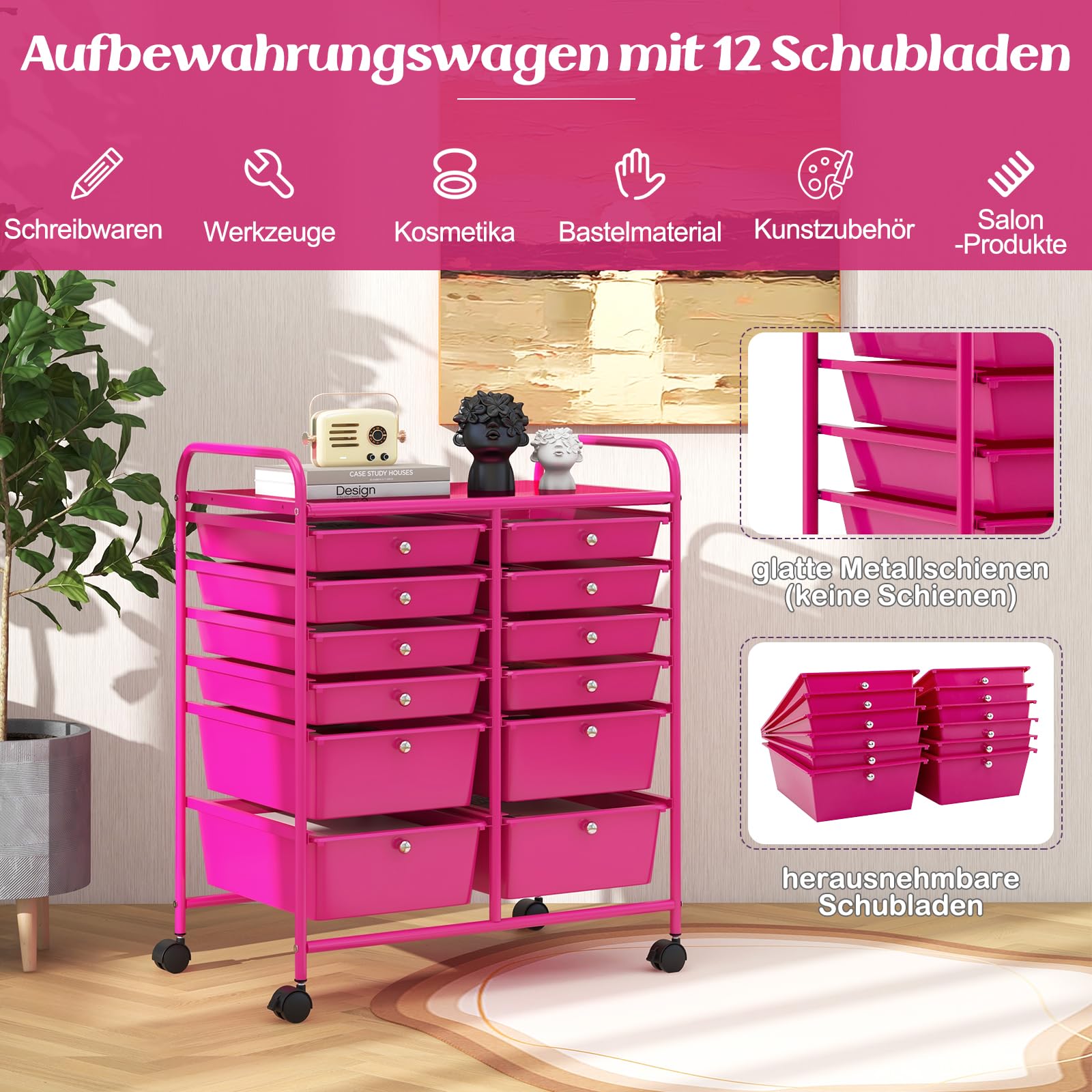 GOPLUS Rollwagen Schubladenwagen, Rollcontainer mit 12 stapelbaren Schubladen, Haushaltwagen auf Rollen mit Bremsen, Badtrolley Badregal, Aufbewahrungswagen für Heim und Büro (Hot Pink)