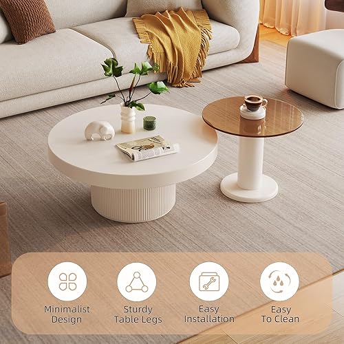 Miniatura 6 de Mesas de centro redondas anidadas, mesa central blanca cremosa y juego de mesa auxiliar de vidrio templado, mesas auxiliares modernas para sala de