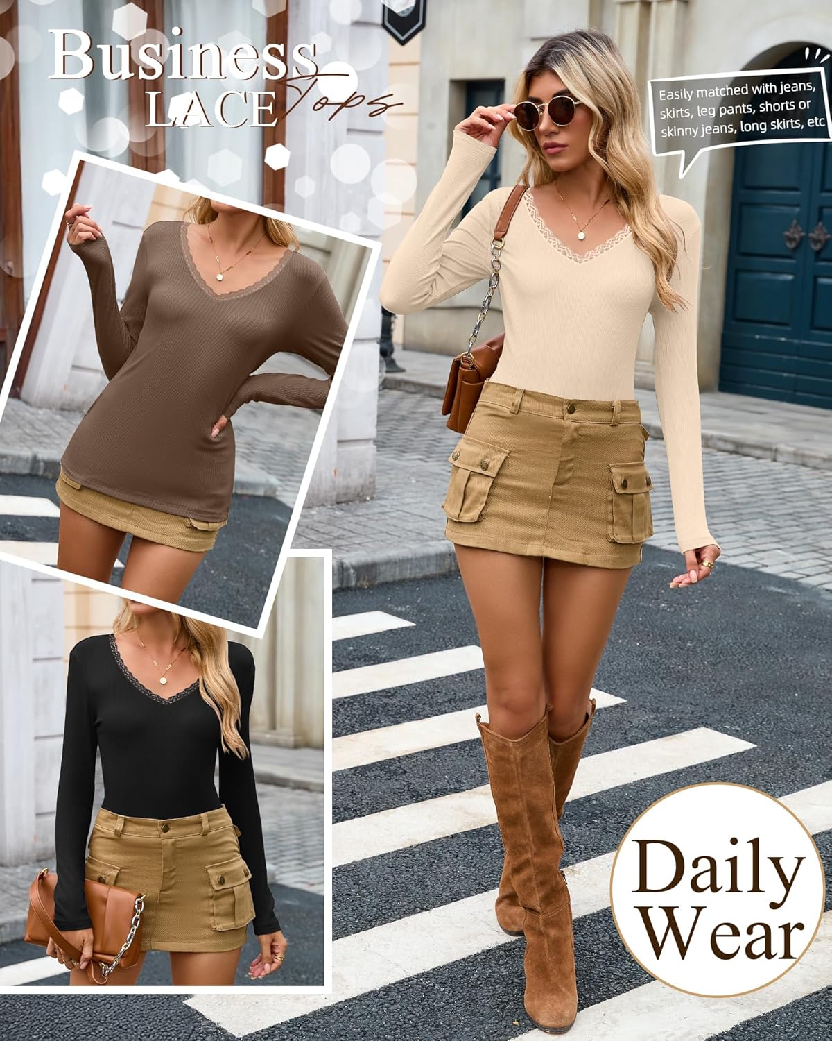 3 Pack Women's Cotton Long Sleeve Shirts, Ribbed Knit Deep V Neck T-Shirts Lace Sexy Tight Tees Slim Fit Tops - Image 4