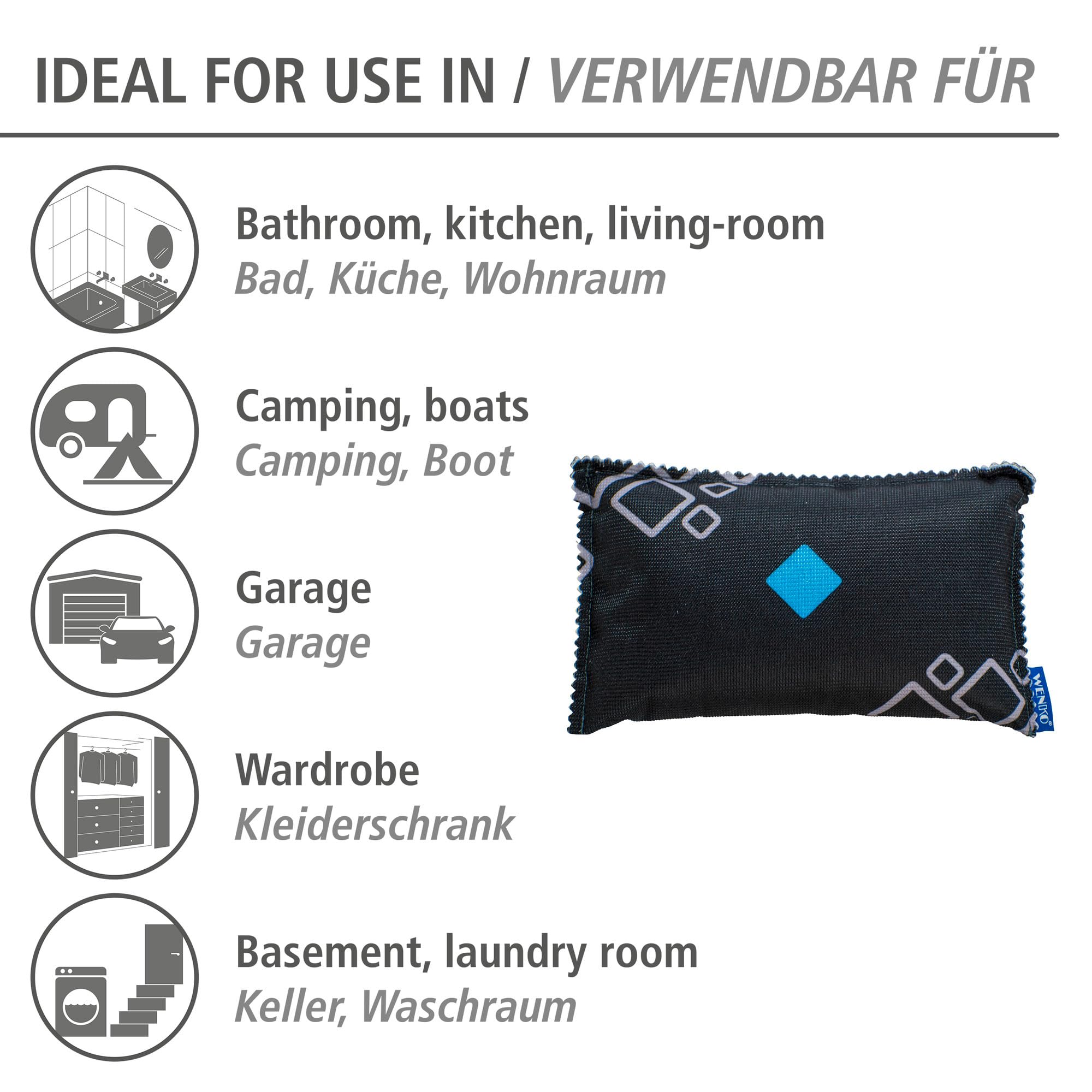 WENKO Absorbeur d'humidité voiture 2 x 500g | Désumidificateur réutilisable avec indicateur | Silicagel pour enlever buée pare-brise | Couleur noir | Dimensions 20 x 3 x 12 cm