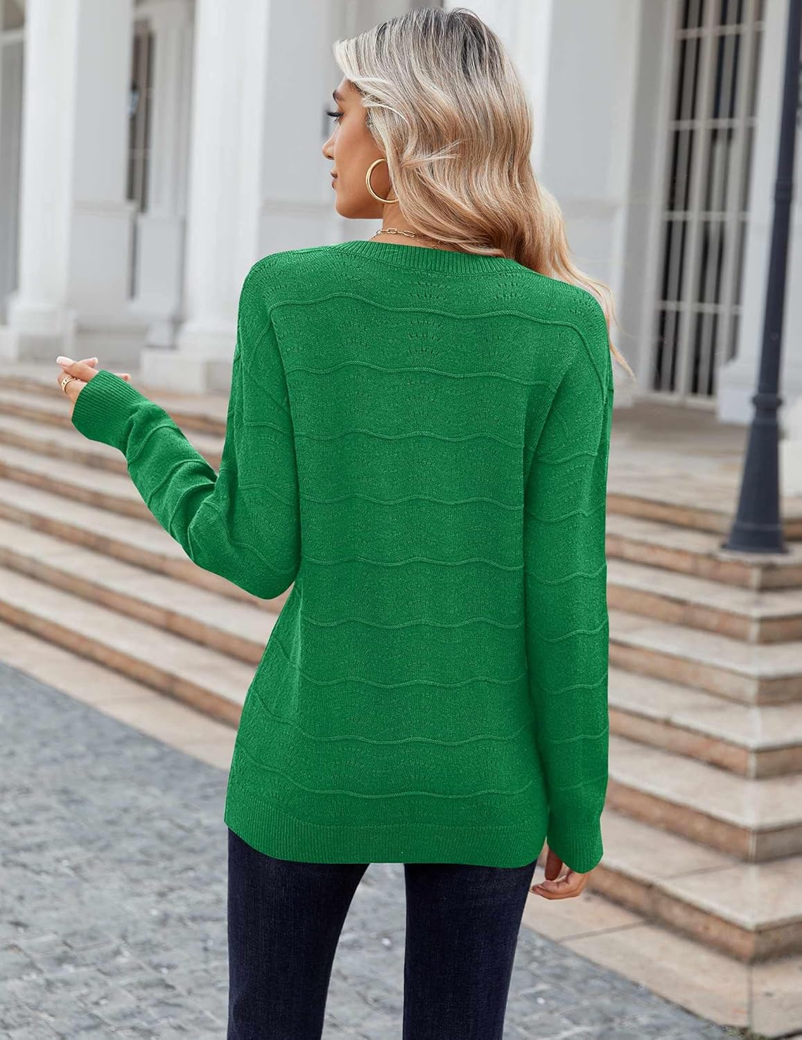 Zeagoo Womens Sweaters Fall Casual Long Sleeve V Neck Shirts Lightweight Crochet Ribbed Knit Pullover Tops Outfits - Image 5