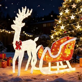 OLIXIS 4 FT Pre-Lit Christmas Reindeer & Santa Sleigh Set with 180 LED Lights, Holiday Deer & Sled,Outdoor/Indoor Holiday Display for Garden,Yard (White-Red)
