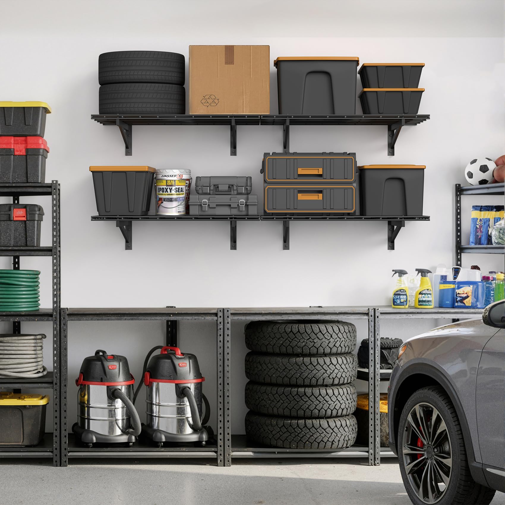 Jusgym Set di 4 mensole da parete resistenti per garage (0,6 x 0,9 m), mensole da parete per garage, capacità 453,6 kg, 61 x 182,9 cm, mensole galleggianti, colore nero