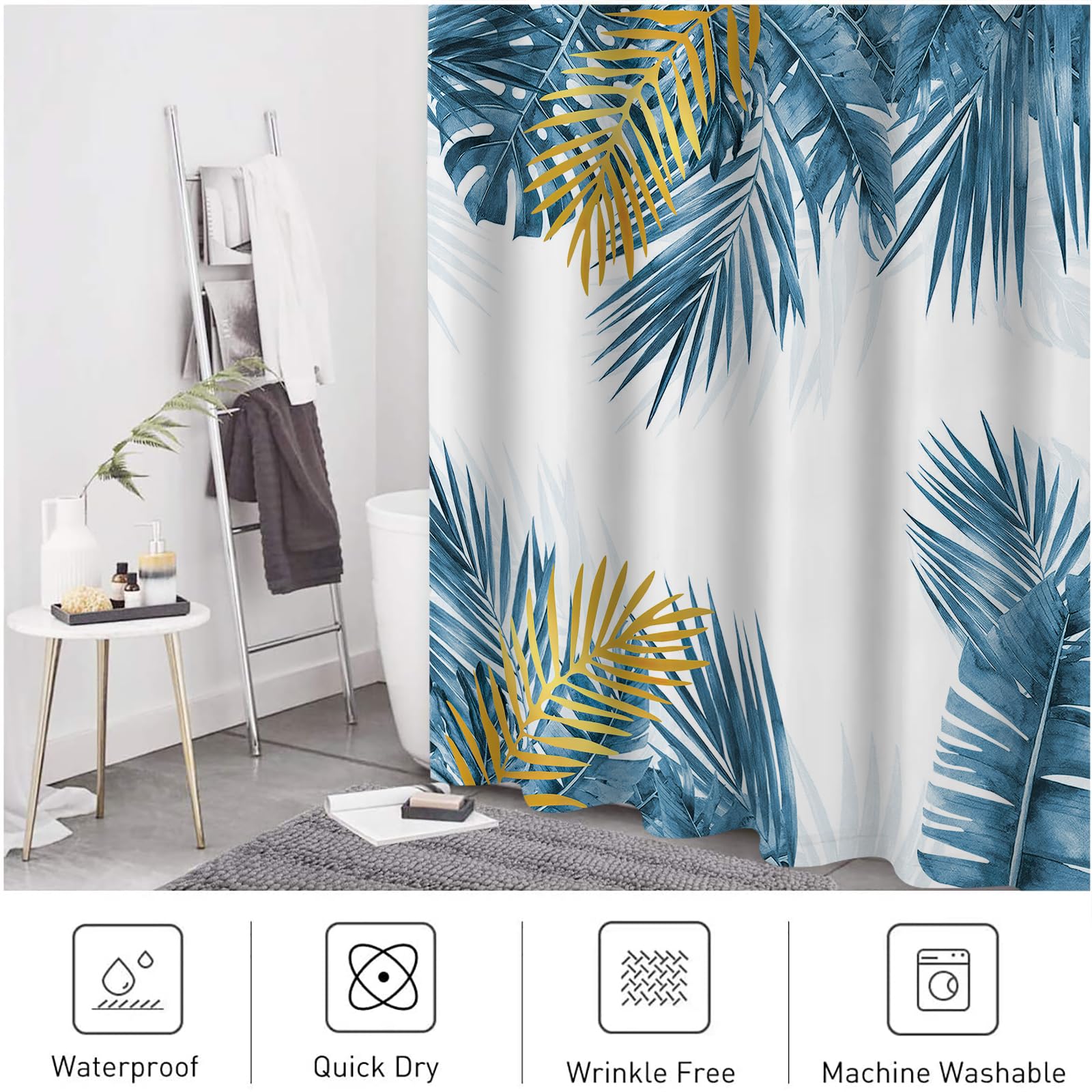 JOOCAR Blue Leaf Shower Curtain for Bathroom Blue Gold Tropical Plam Leaf Plant Curtain Polyester Fabric Waterproof Shower Curtain Set including 12 Hooks - Image 4
