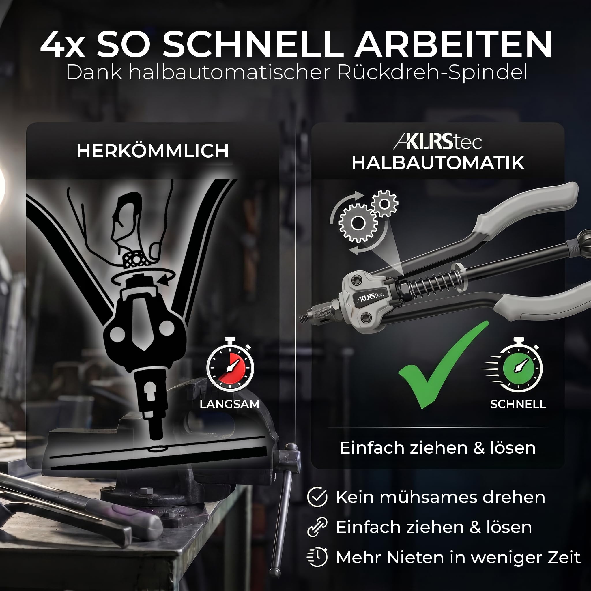 KLRStec Professional Nietmutternzangen Set [M3–M12] Halbautomatische Nietmutternzange für schnelleres arbeiten inkl. 70 Nietmuttern, Stufenbohrer & Werkzeugkoffer – Profi Nietenzange Set