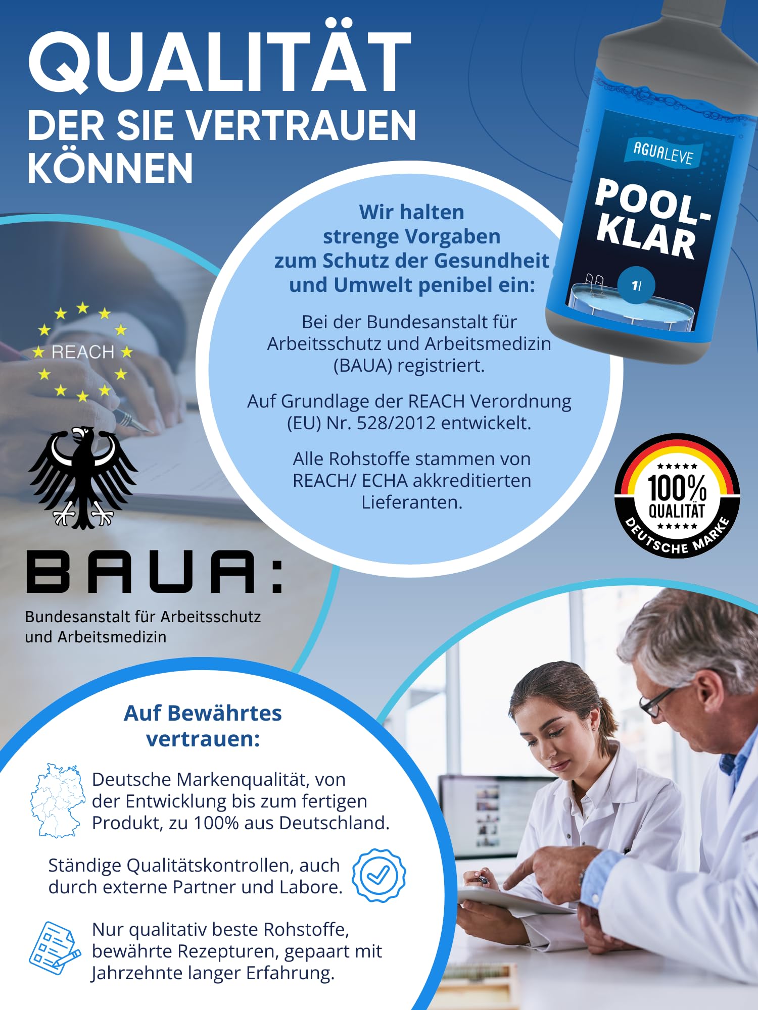 AGUALEVE® Poolklar 1l *NEU* – Kristallklar 2.0 Formel für perfektes Poolwasser – Pools, Whirlpools, Planschbecken – Markenqualität Made in Germany – für 200.000 Poolwasser – mit Note 1,2 getestet
