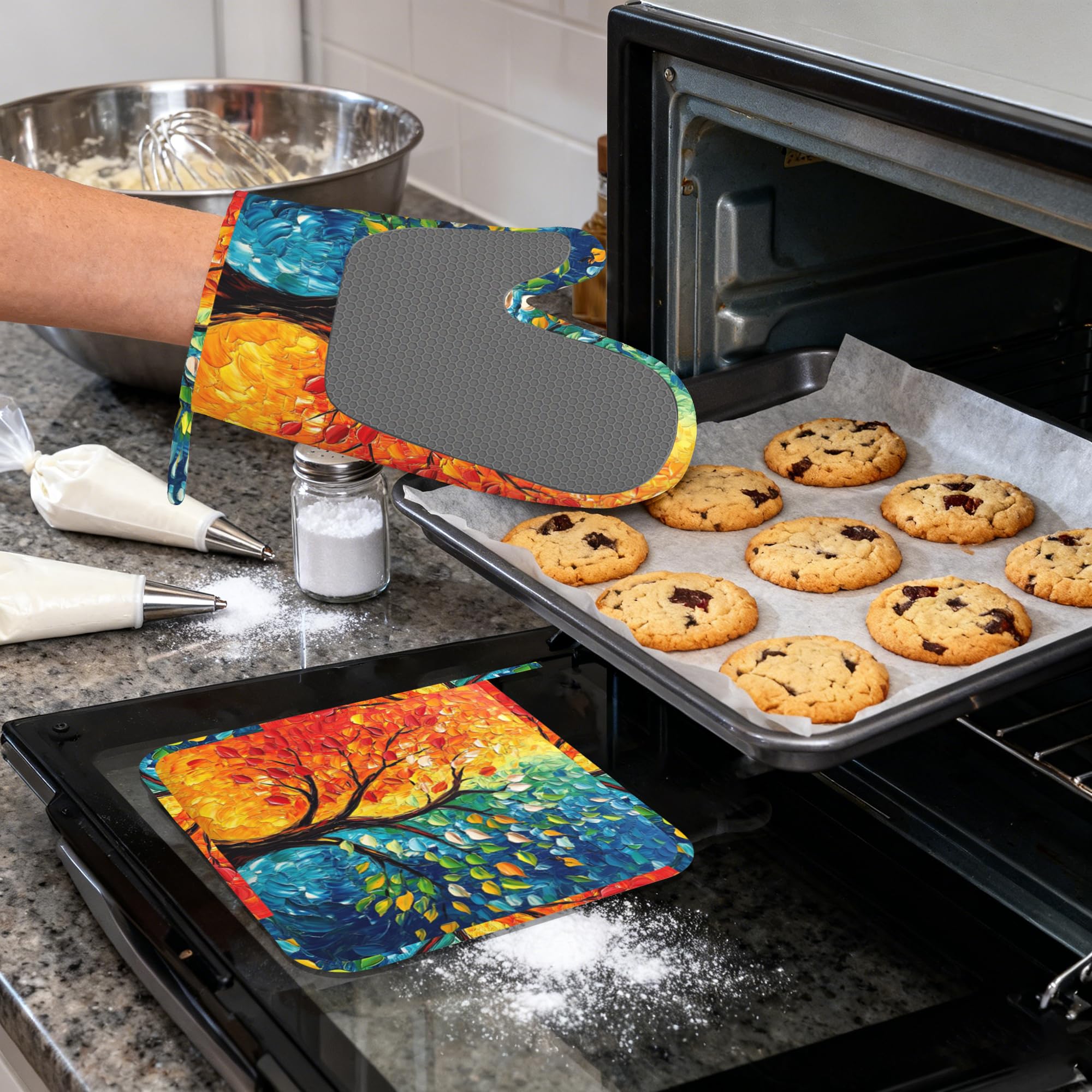 Tree of Life - Juego de guantes de horno de silicona y soportes para ollas, 4 piezas resistentes al calor, guantes de horno antideslizantes y almohadillas calientes para cocinar, hornear, asar a la