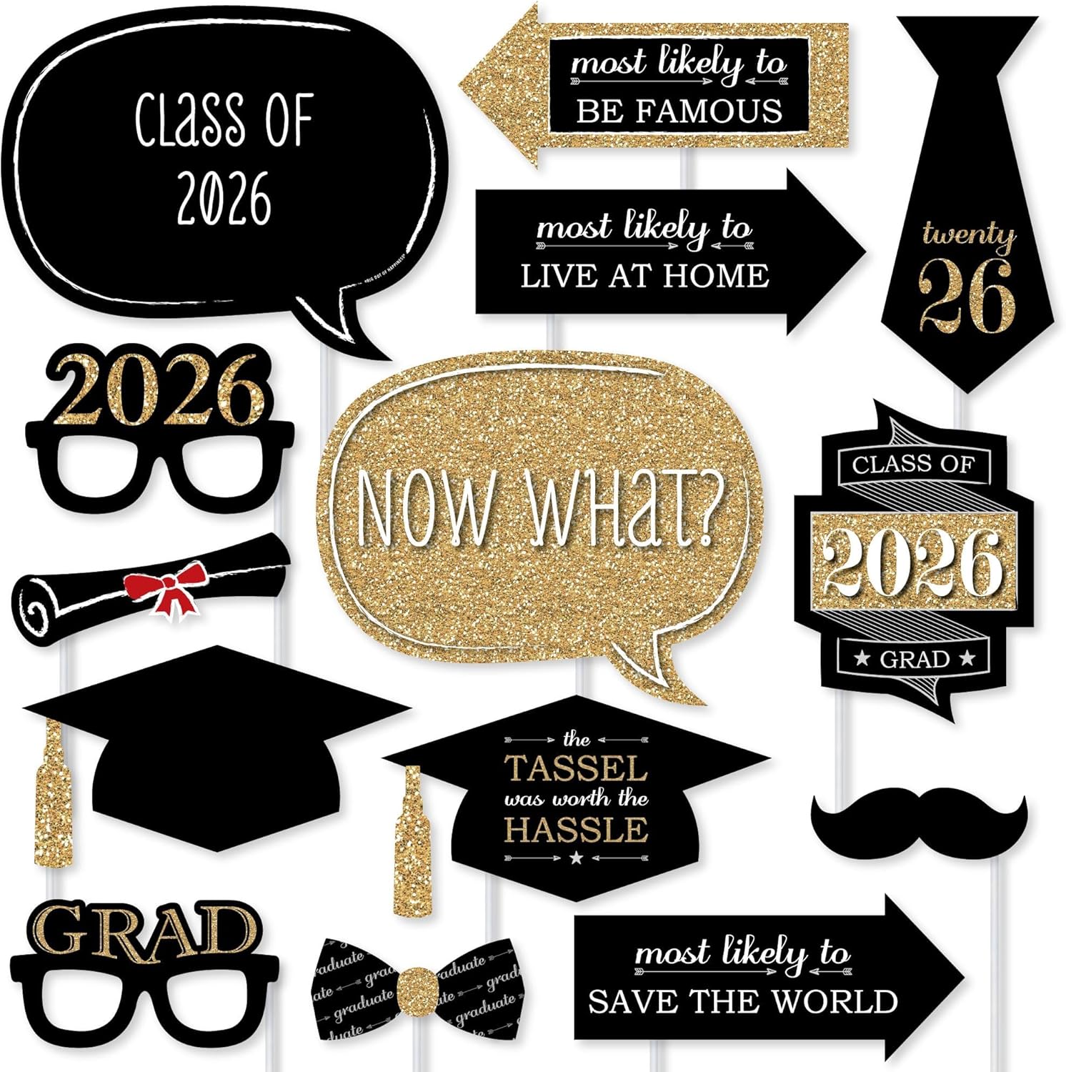 Big Dot of Happiness Graduation Props for Photoshoot 2026, 20-Count Set of High School Senior Photo Booth Props for Pictures and Graduation Party Decorations - Gold