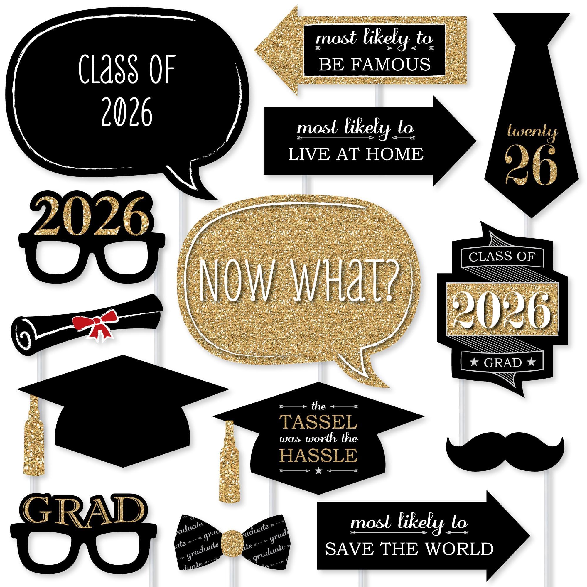 Big Dot of Happiness Fiesta de graduación - Oro - Kit de accesorios para cabina de fotos de graduación 2024 - 20 unidades