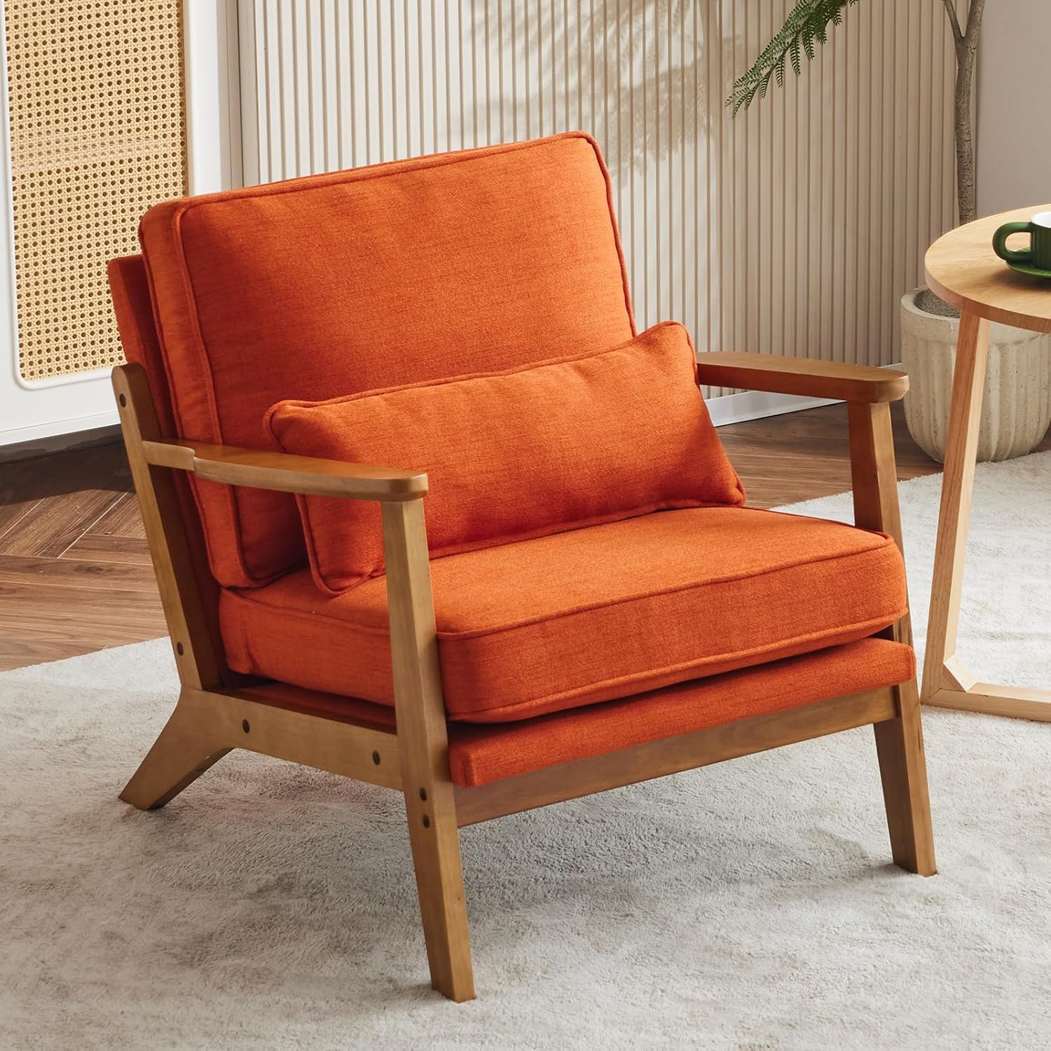 Mid-Century Accent Relax Chair – Wide Armrest Lounge Chair with Linen Fabric with Lumbar Pillow & Solid Wood Frame for Living Room, Bedroom Balcony and Outdoor - Burnt Orange Cushion-image-28