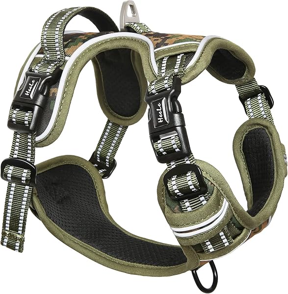 HEELE Arnés de Perro, Anti Tracción Reflectante Camuflaje Arnés para Perro Grande con asa Acolchada, 1 Hebilla en la Correa Recta del Cuello Que Hace Que Sea fácil de Poner y Quitar, Camo-Verde, L - 3