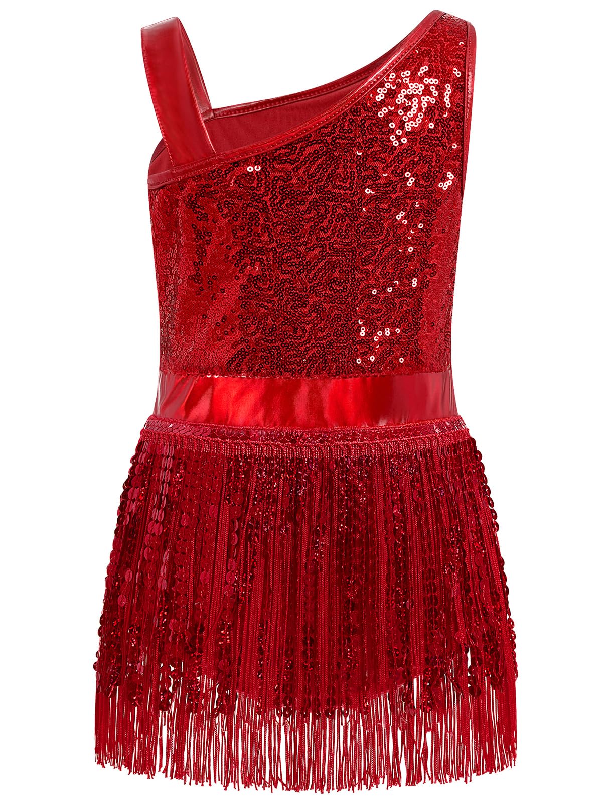 IWEMEK Glitzerndes Paillettenkleid für Mädchen, einschultrig, für Mädchen, Fransen-Body, 1920er-Jahre, Quaste, Flapper-Kleid, Jazz-Tanz-Outfits